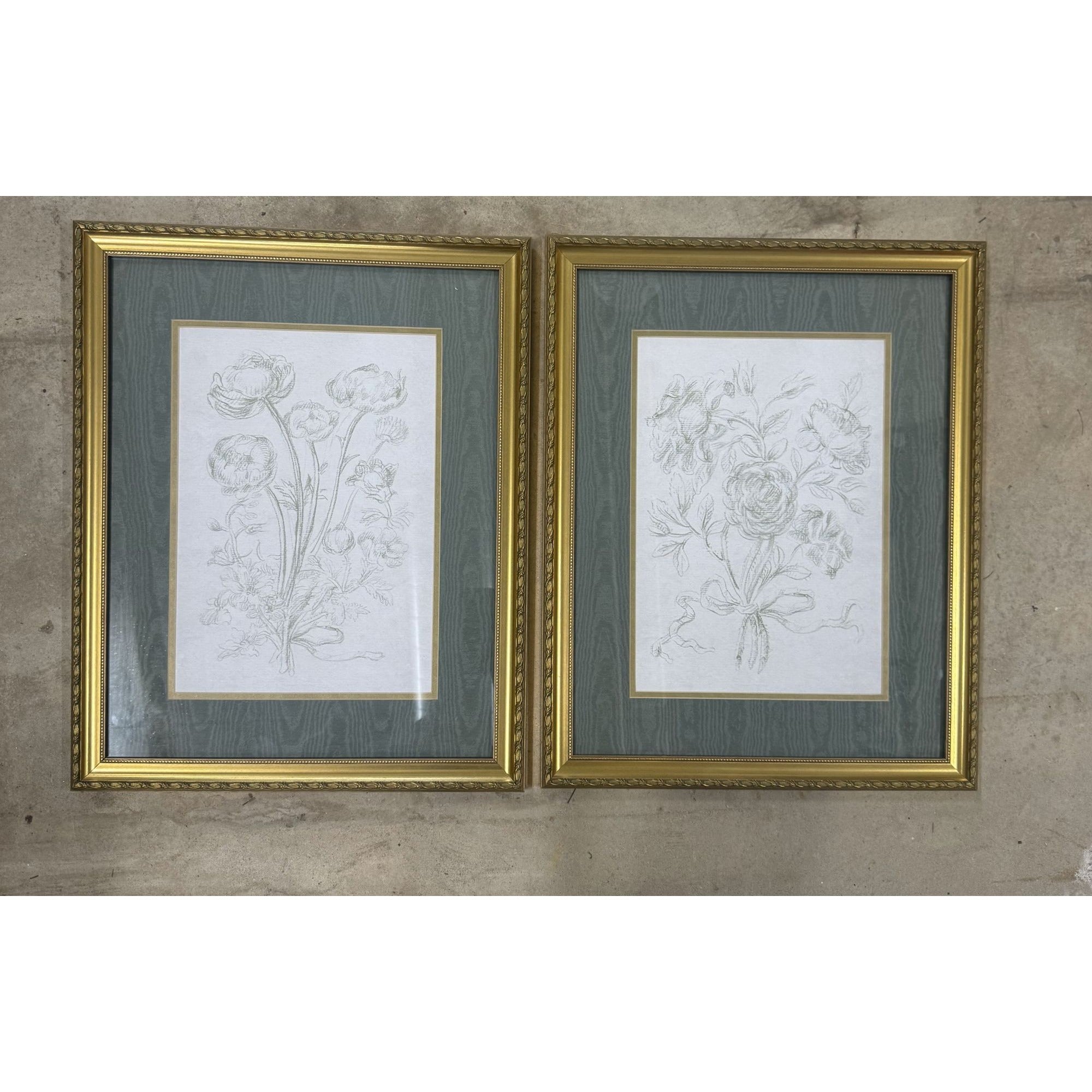 Pair Framed Prints Green Flowers Textured Mats Gold Frames Cottage Core Floral Home Wall Decor Decorative Accents Bedroom Living Dining Room