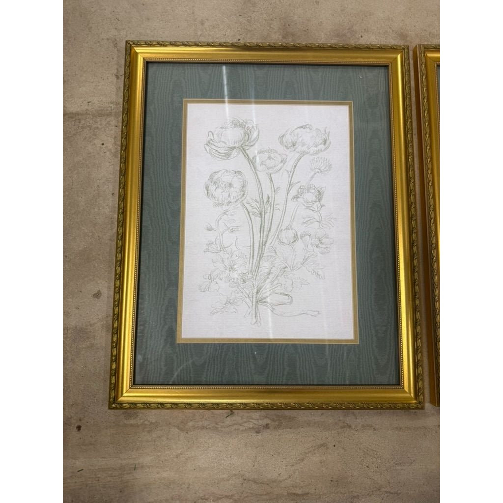 Pair Framed Prints Green Flowers Textured Mats Gold Frames Cottage Core Floral Home Wall Decor Decorative Accents Bedroom Living Dining Room