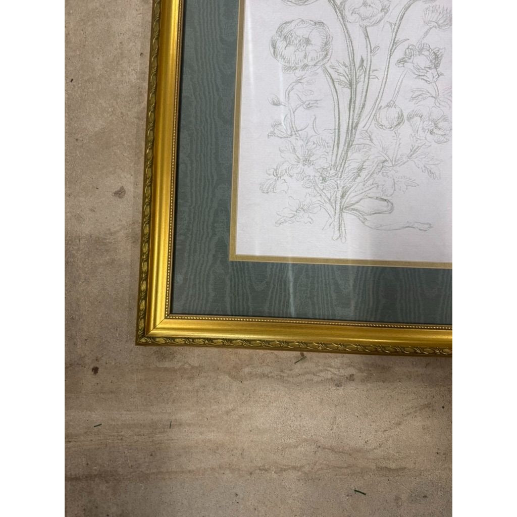 Pair Framed Prints Green Flowers Textured Mats Gold Frames Cottage Core Floral Home Wall Decor Decorative Accents Bedroom Living Dining Room