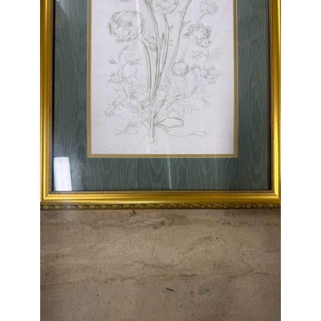 Pair Framed Prints Green Flowers Textured Mats Gold Frames Cottage Core Floral Home Wall Decor Decorative Accents Bedroom Living Dining Room