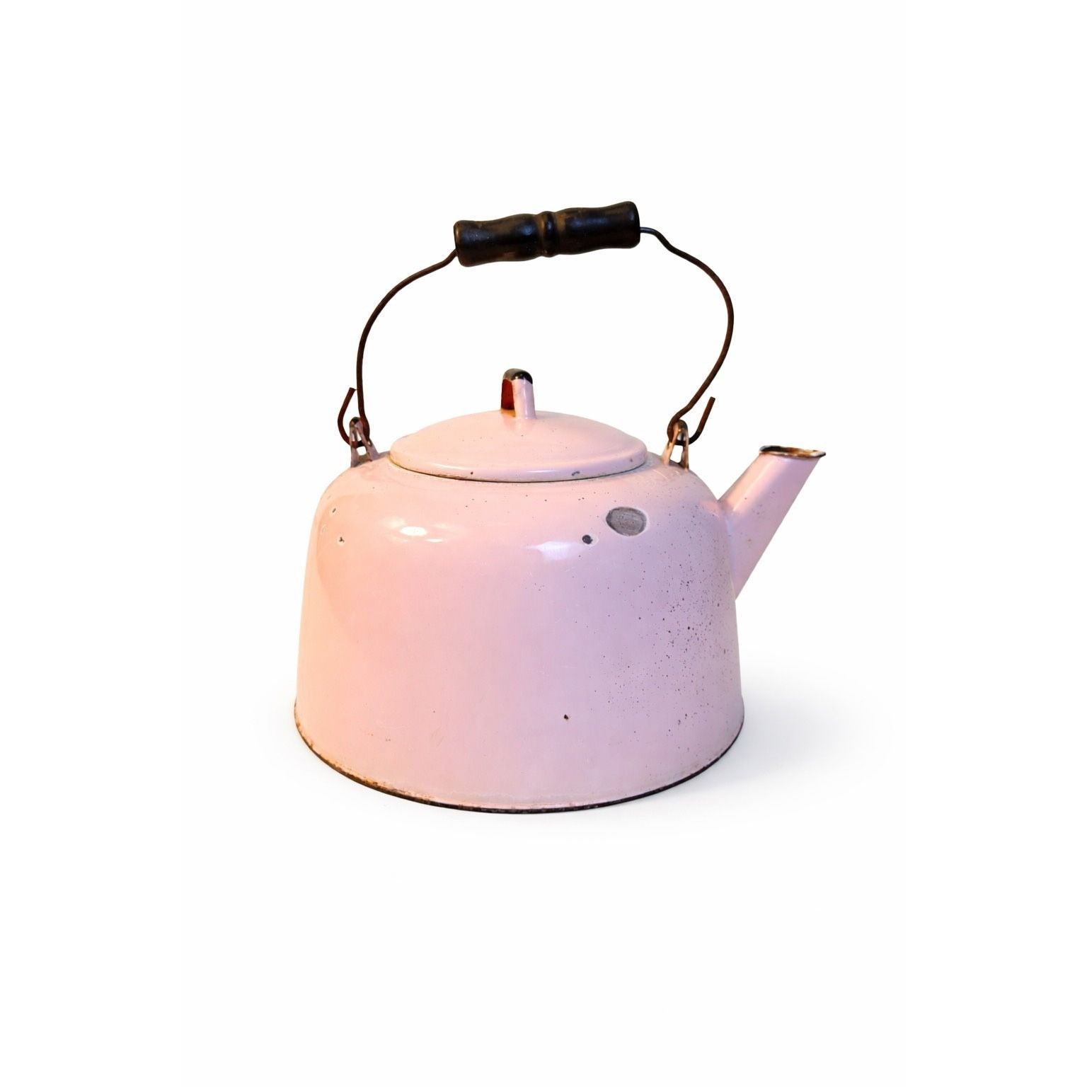 Tea Kettle Pot Pink Enamel Wooden Handle Vintage Kitcheware Flower Pot Enamelware Farmhouse Primitive Cottage Core Rare Collectible