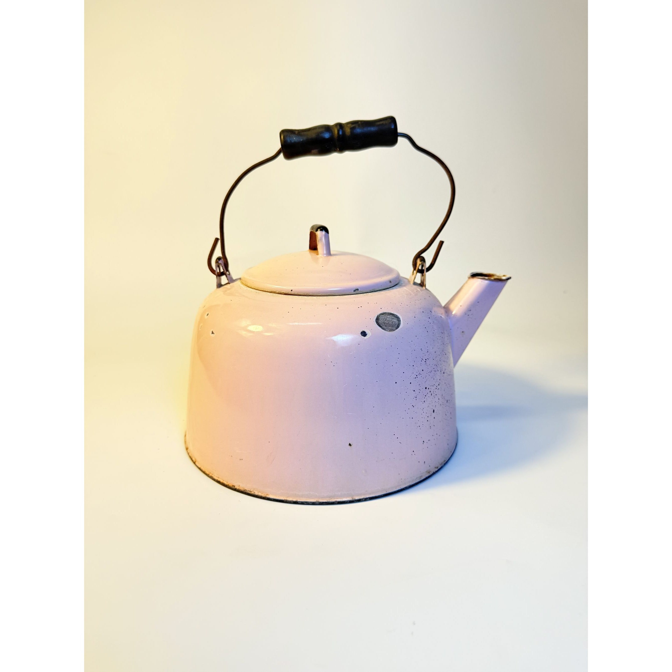 Tea Kettle Pot Pink Enamel Wooden Handle Vintage Kitcheware Flower Pot Enamelware Farmhouse Primitive Cottage Core Rare Collectible