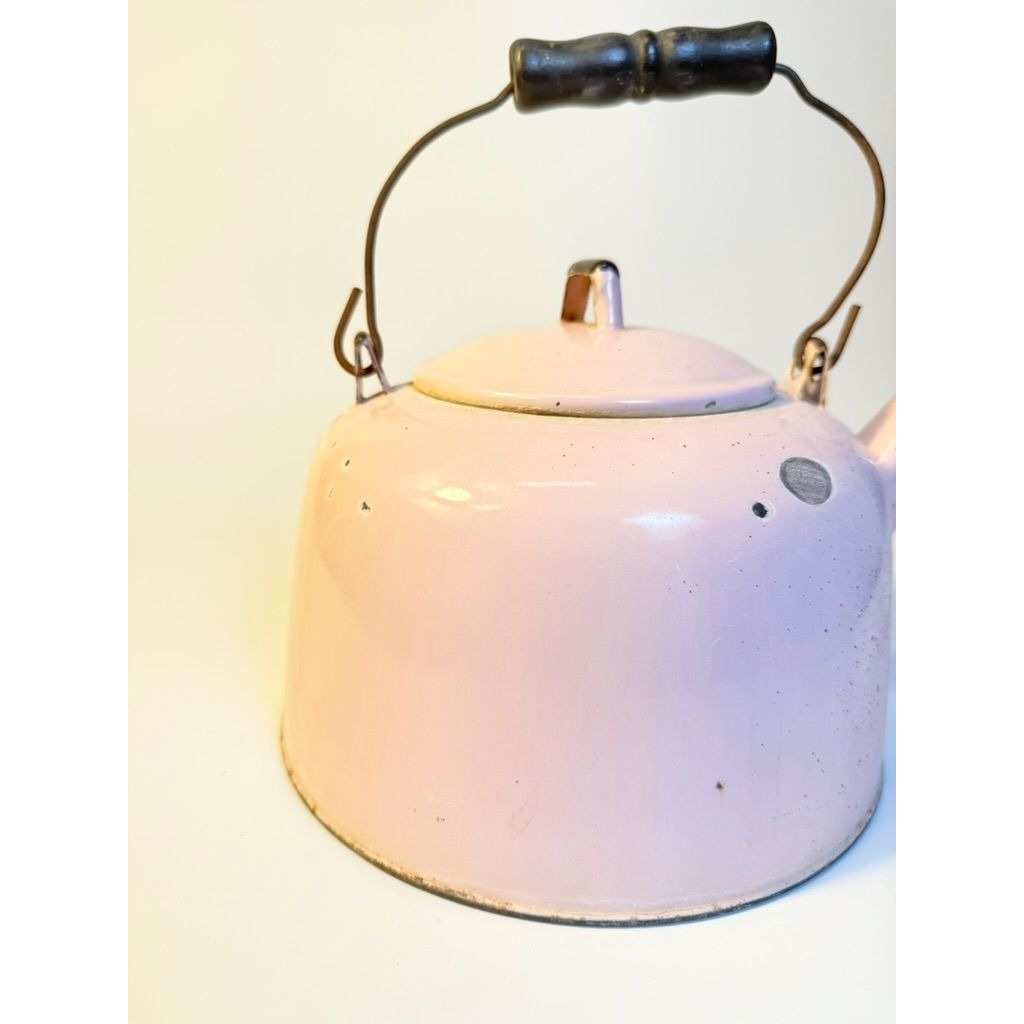 Tea Kettle Pot Pink Enamel Wooden Handle Vintage Kitcheware Flower Pot Enamelware Farmhouse Primitive Cottage Core Rare Collectible