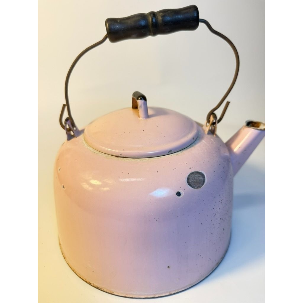 Tea Kettle Pot Pink Enamel Wooden Handle Vintage Kitcheware Flower Pot Enamelware Farmhouse Primitive Cottage Core Rare Collectible