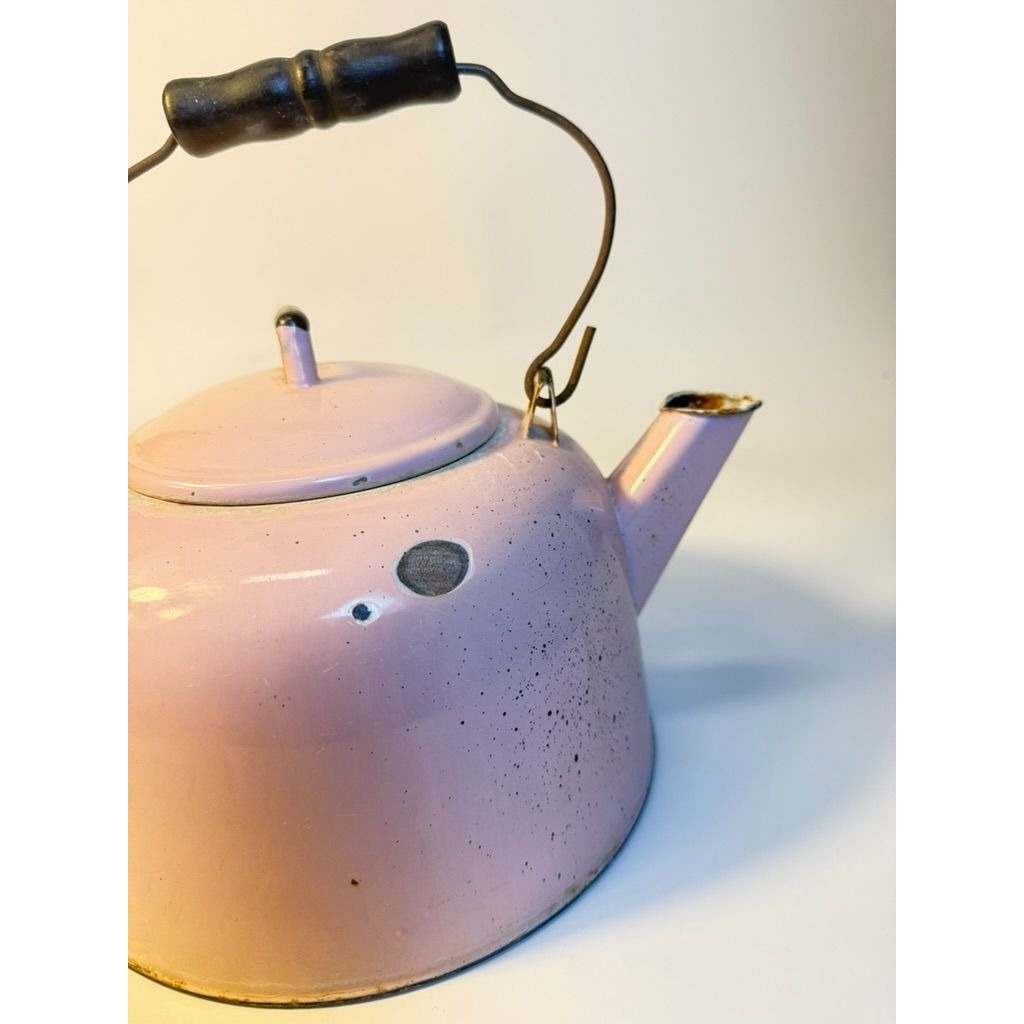 Tea Kettle Pot Pink Enamel Wooden Handle Vintage Kitcheware Flower Pot Enamelware Farmhouse Primitive Cottage Core Rare Collectible