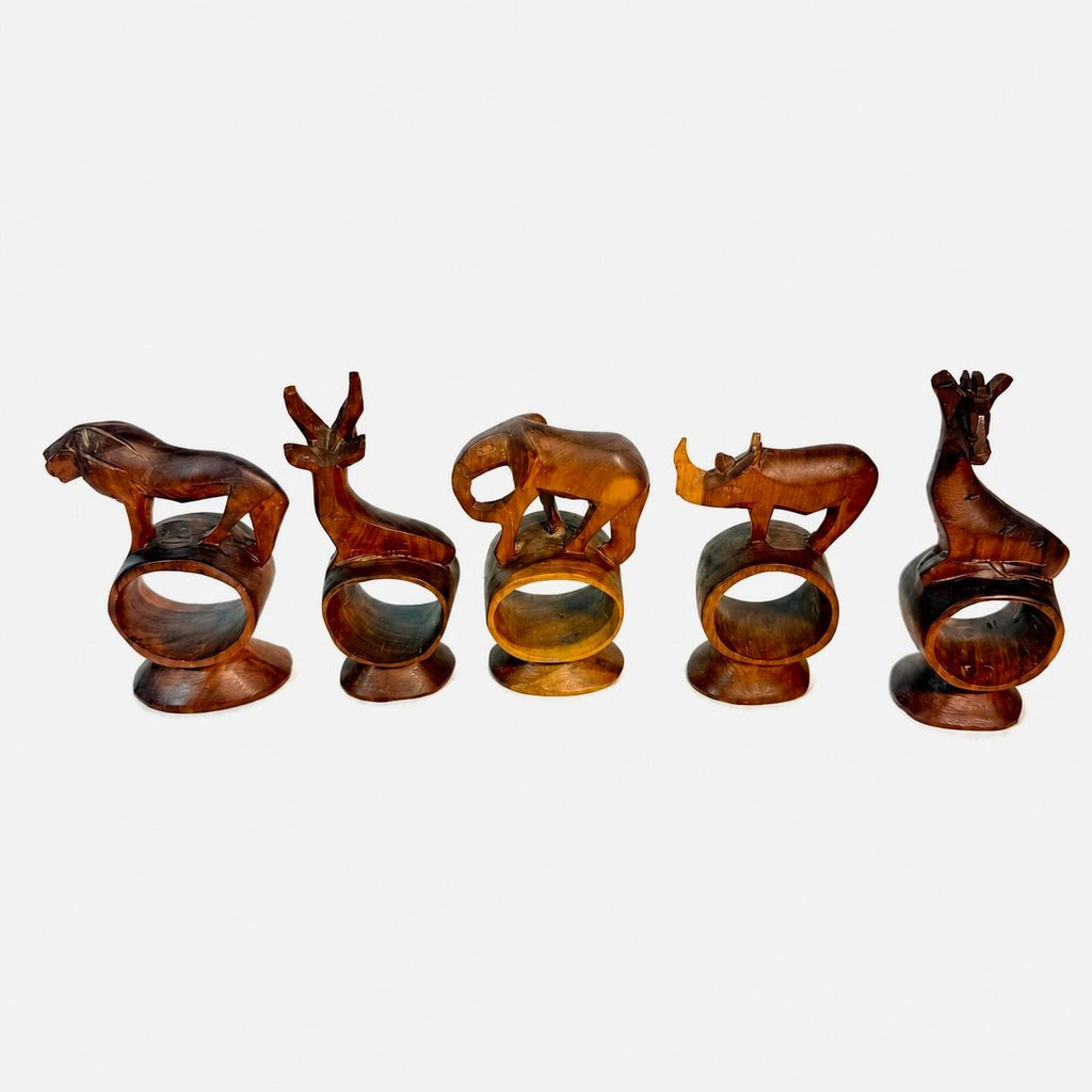 Napkin Rings Hand Carved Wood Safari Animal Set of 5 Made in Kenya Rosewood