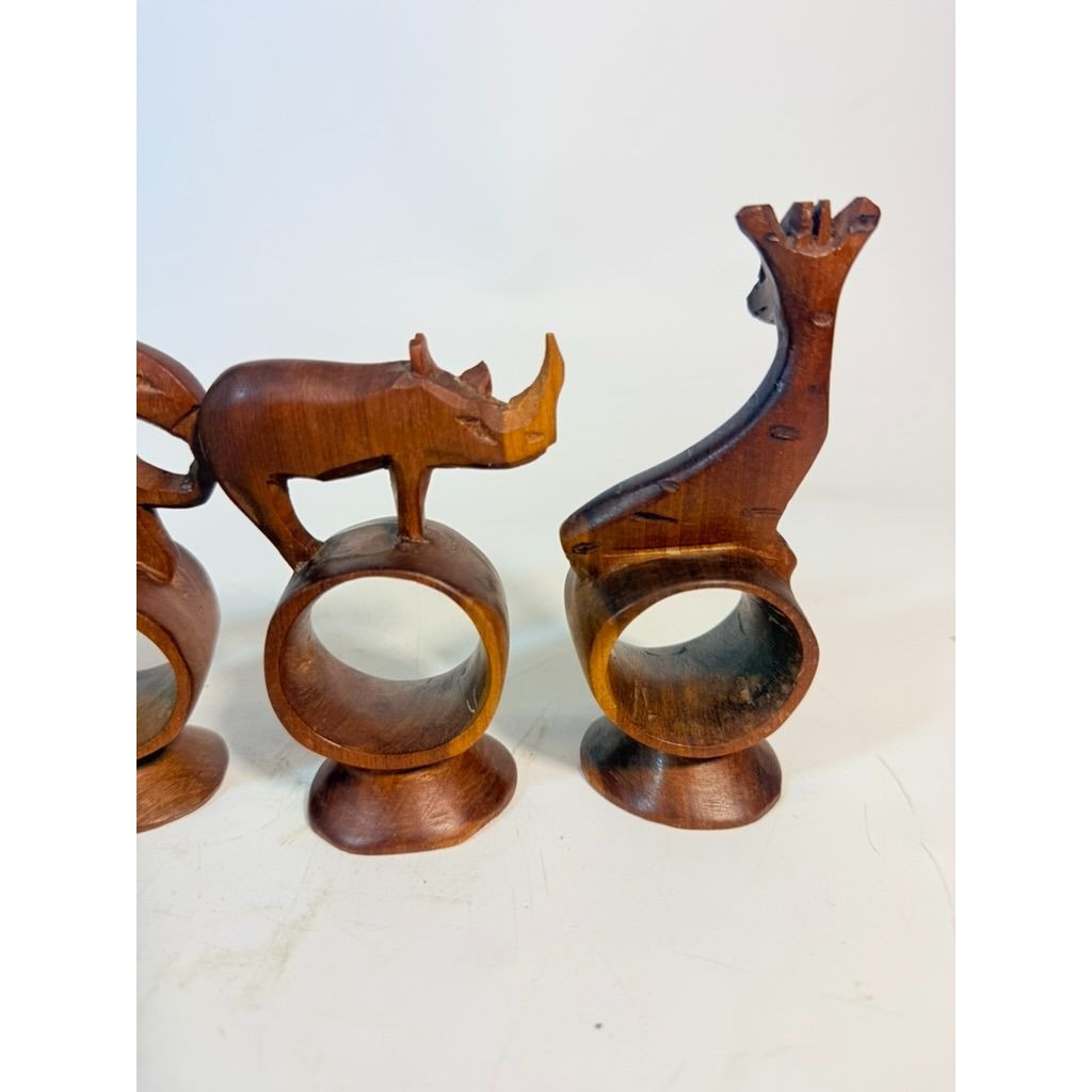 Napkin Rings Hand Carved Wood Safari Animal Set of 5 Made in Kenya Rosewood