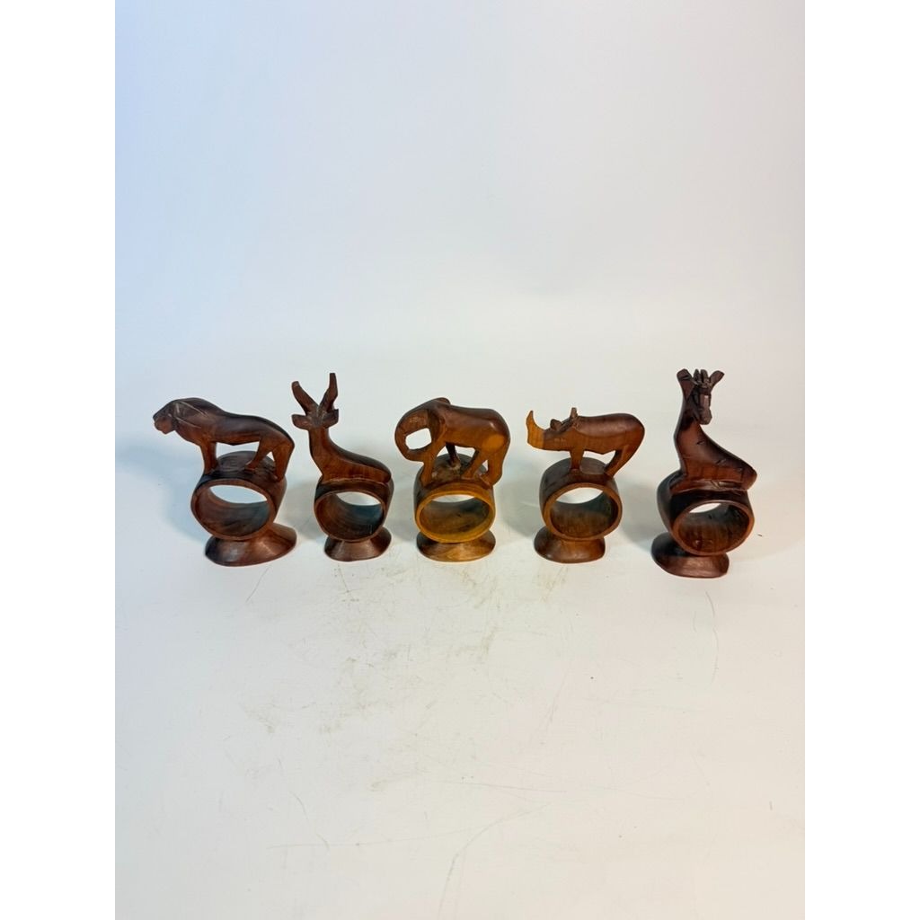 Napkin Rings Hand Carved Wood Safari Animal Set of 5 Made in Kenya Rosewood