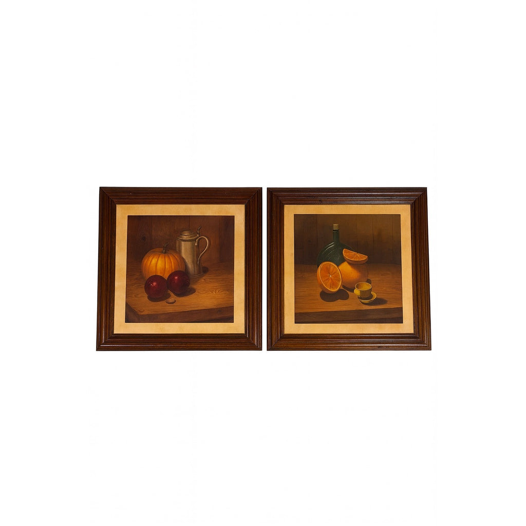Hank Bos Style Fruit Still Life Framed Print Pair Set 2 | Pumpkin Apple Oranges Empoli Kitchen Art Grandma Core Farmhouse Country Primitive