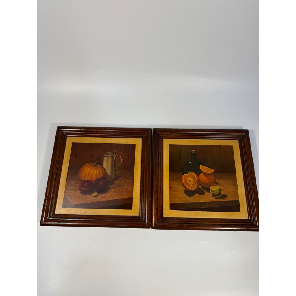 Hank Bos Style Fruit Still Life Framed Print Pair Set 2 | Pumpkin Apple Oranges Empoli Kitchen Art Grandma Core Farmhouse Country Primitive
