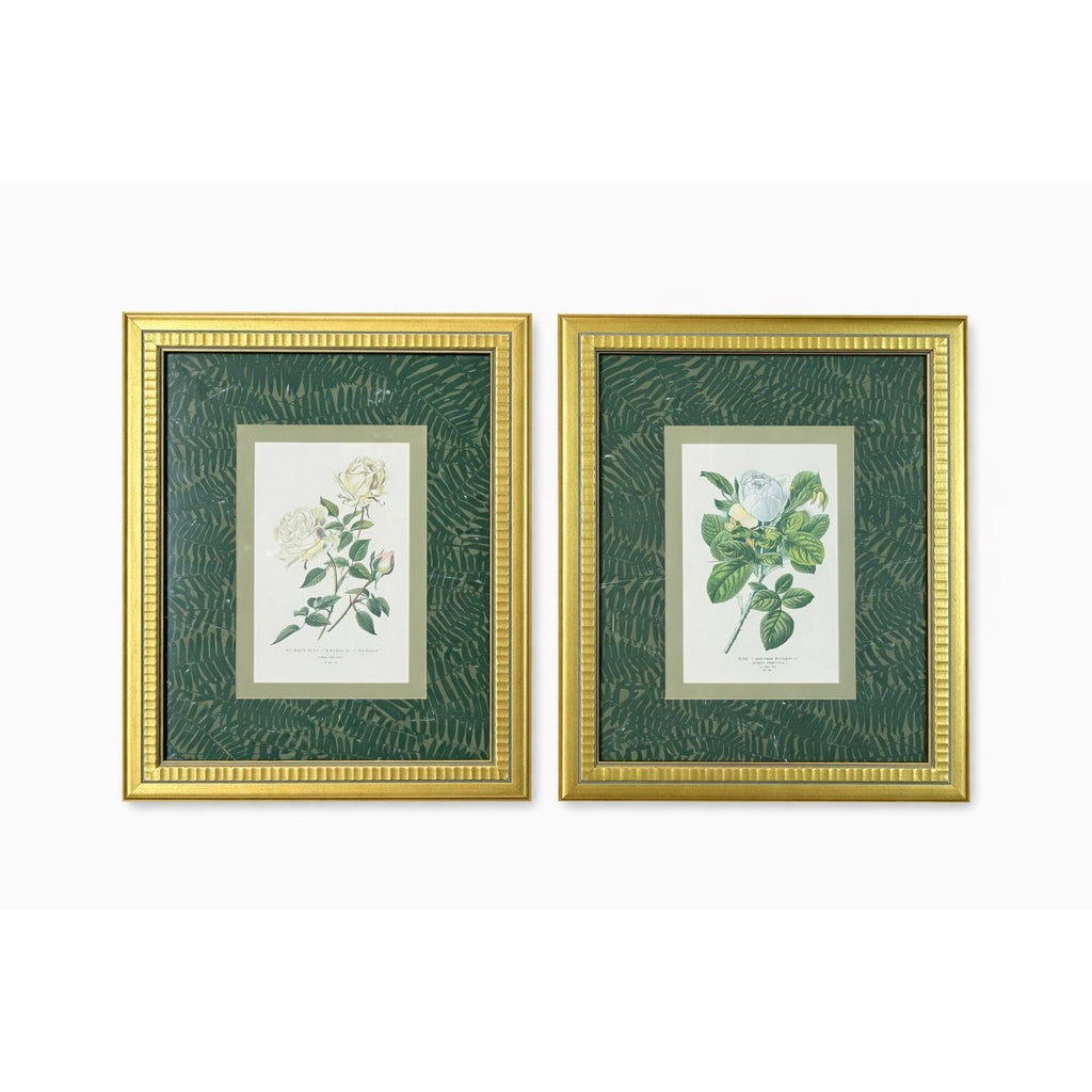 Pair French Botanical Prints Roses Framed Double Mat Wall Decor Fern Matting Gold Frame Grand Millennial Style Art Dining Living Bedroom