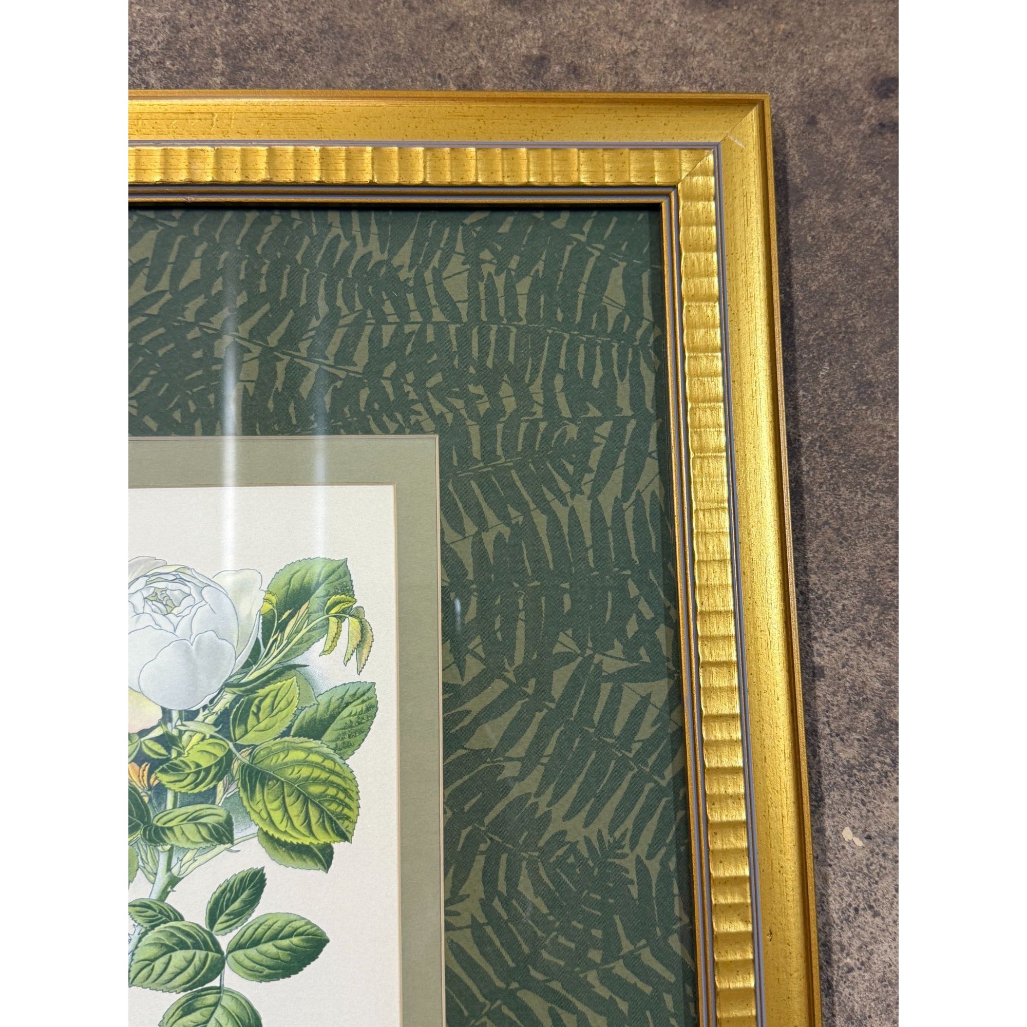 Pair French Botanical Prints Roses Framed Double Mat Wall Decor Fern Matting Gold Frame Grand Millennial Style Art Dining Living Bedroom