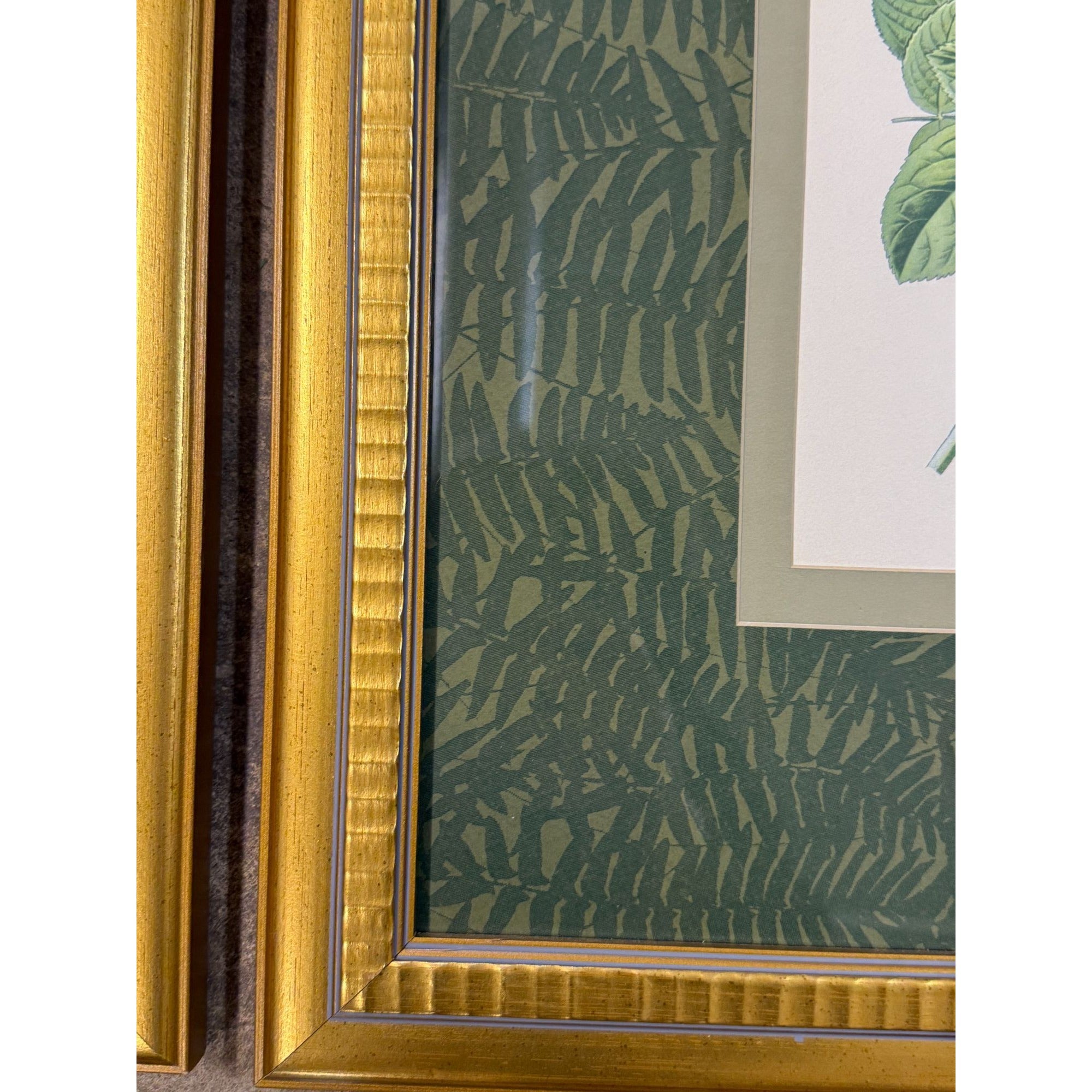 Pair French Botanical Prints Roses Framed Double Mat Wall Decor Fern Matting Gold Frame Grand Millennial Style Art Dining Living Bedroom