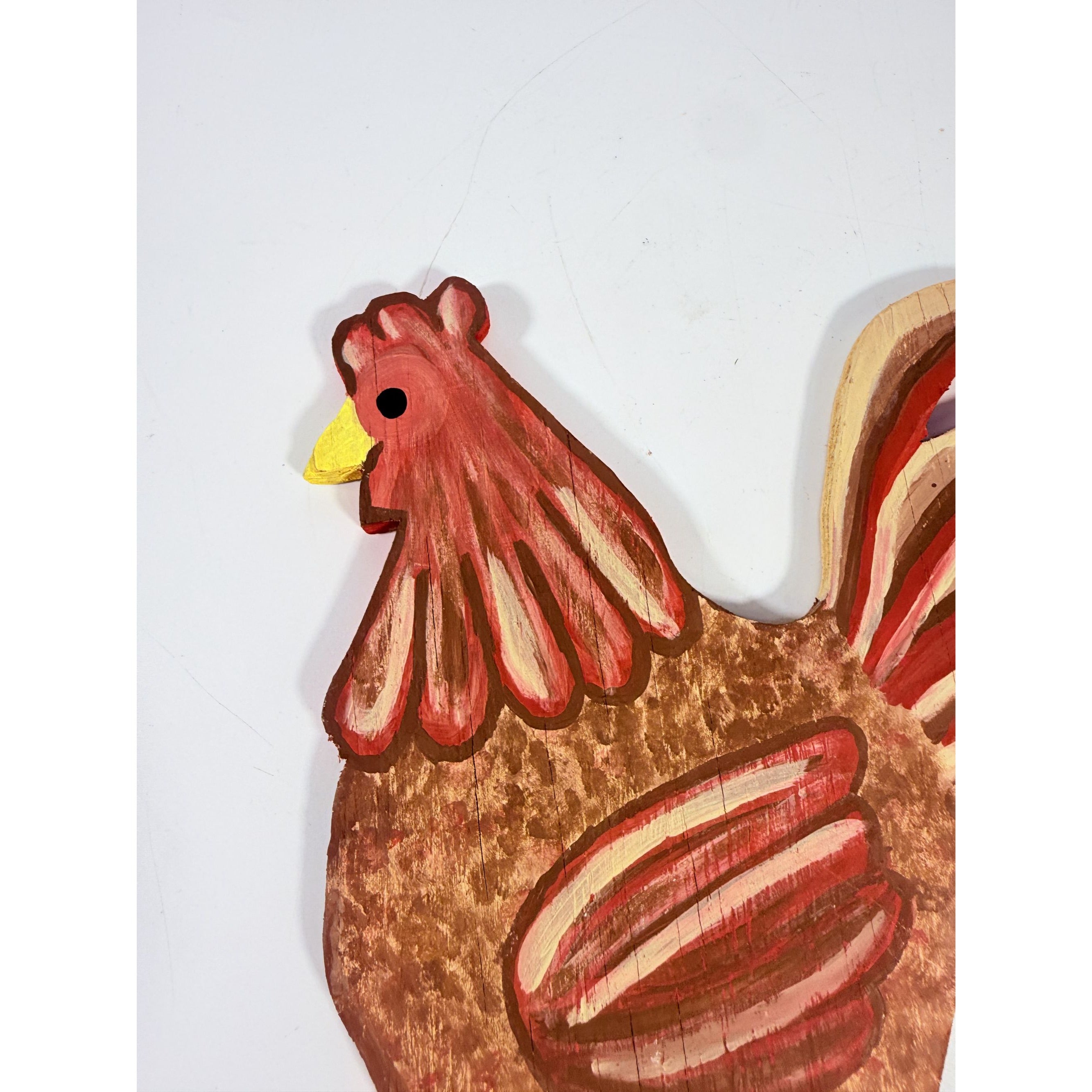 Folk Art Chicken Rooster Wall Hanging Wood Hand Painted Carved Vintage Wooden Home Decor Farmhouse Country Primitive Cottage Granny Core