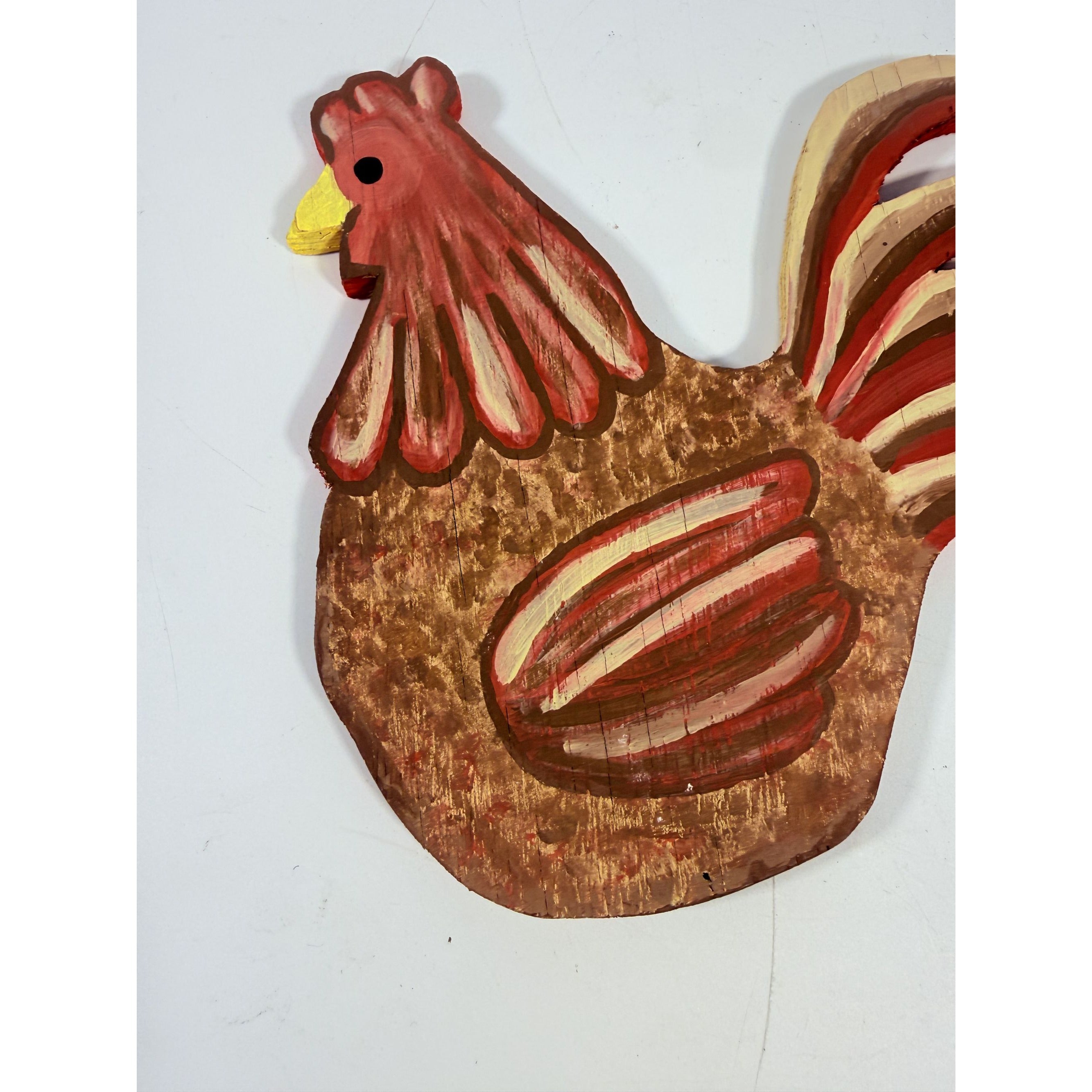 Folk Art Chicken Rooster Wall Hanging Wood Hand Painted Carved Vintage Wooden Home Decor Farmhouse Country Primitive Cottage Granny Core