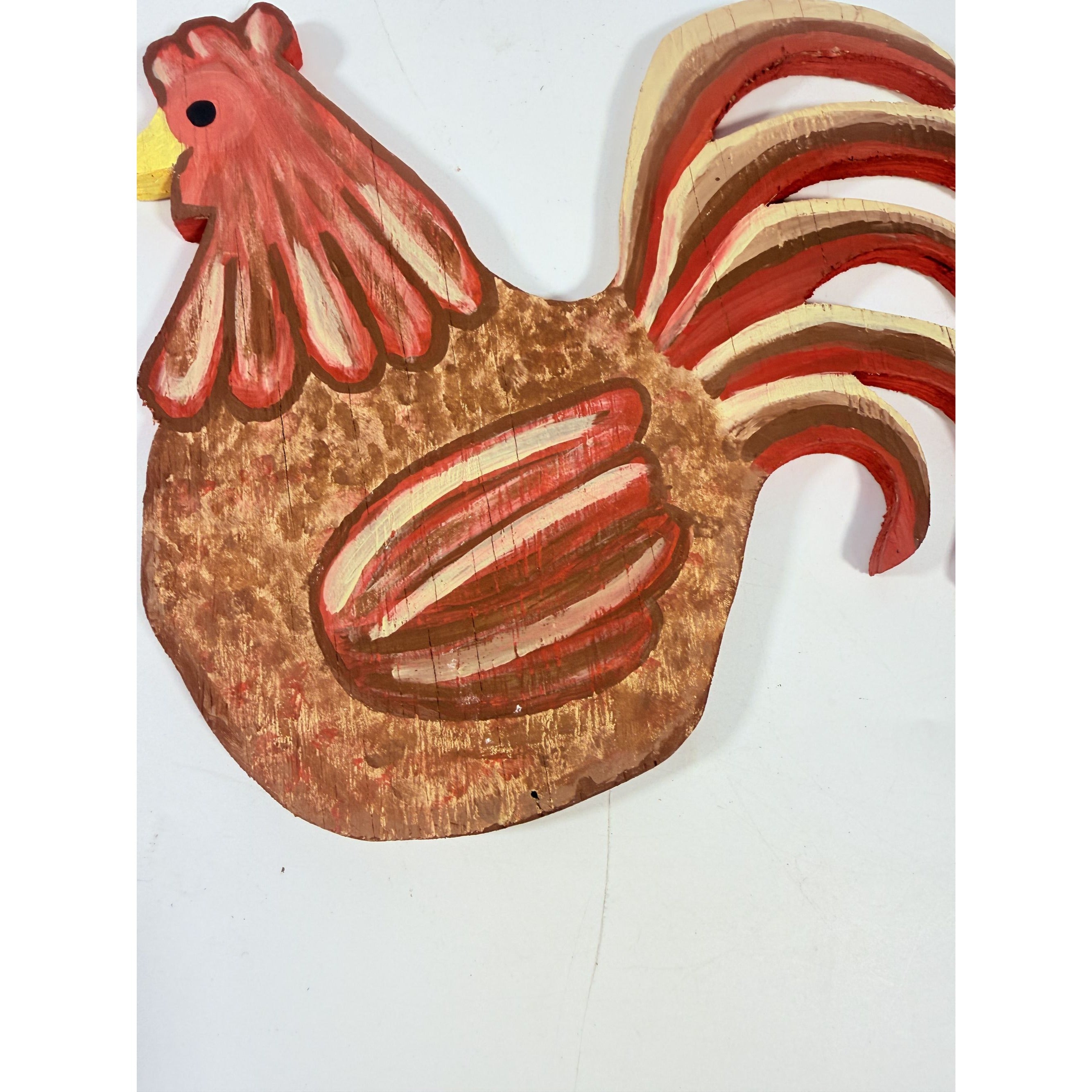 Folk Art Chicken Rooster Wall Hanging Wood Hand Painted Carved Vintage Wooden Home Decor Farmhouse Country Primitive Cottage Granny Core