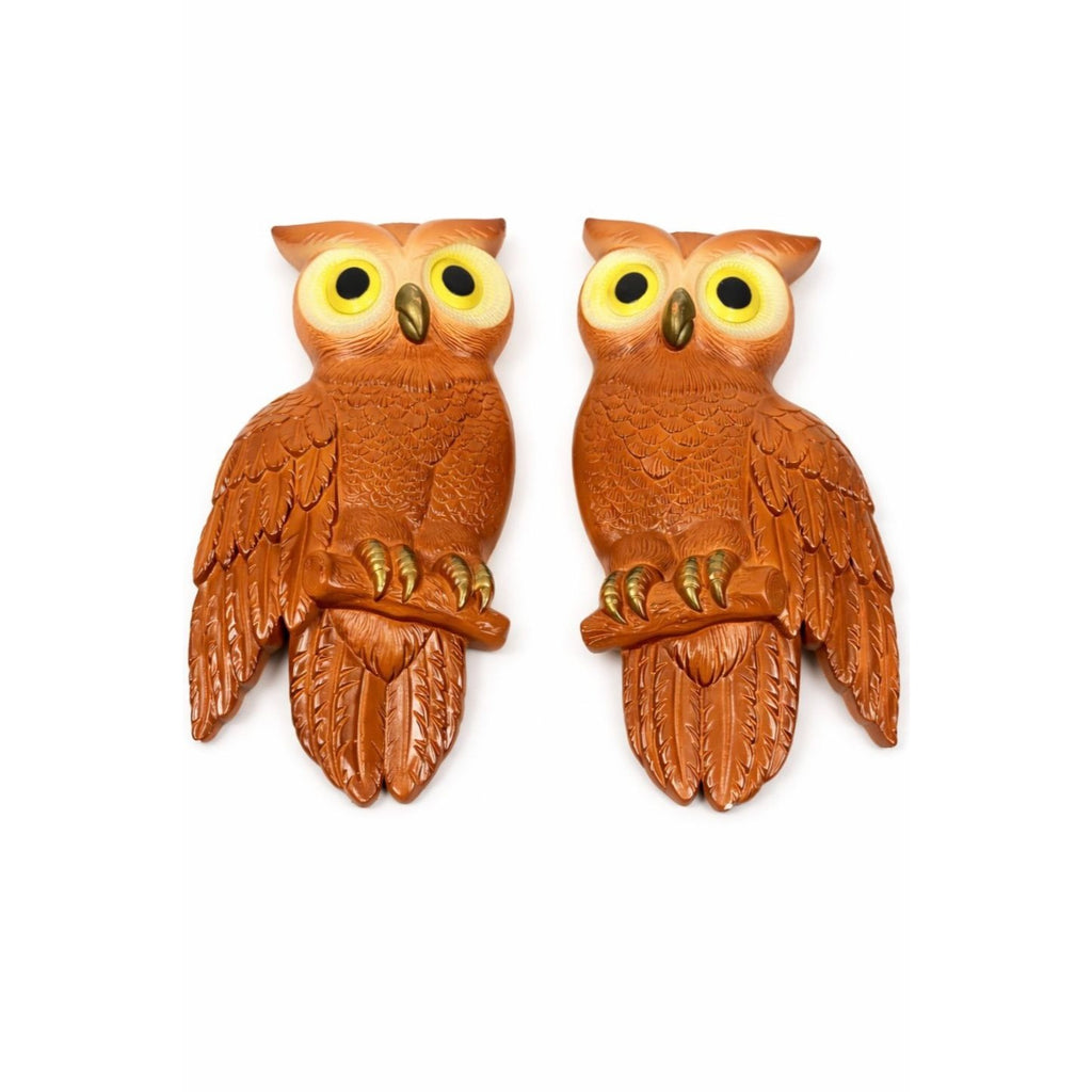 Chalkware Owls Pair Set 2 Wall Hanging Miller Studios Vintage Mid Century Boho Kitschy On Perch