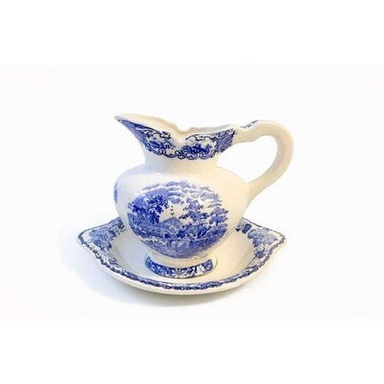 Flow Blue White Pitcher and Bowl Set Antique Wash Basin Transferware Jug Cottagecore Farmhouse Decor Staffordshire Style