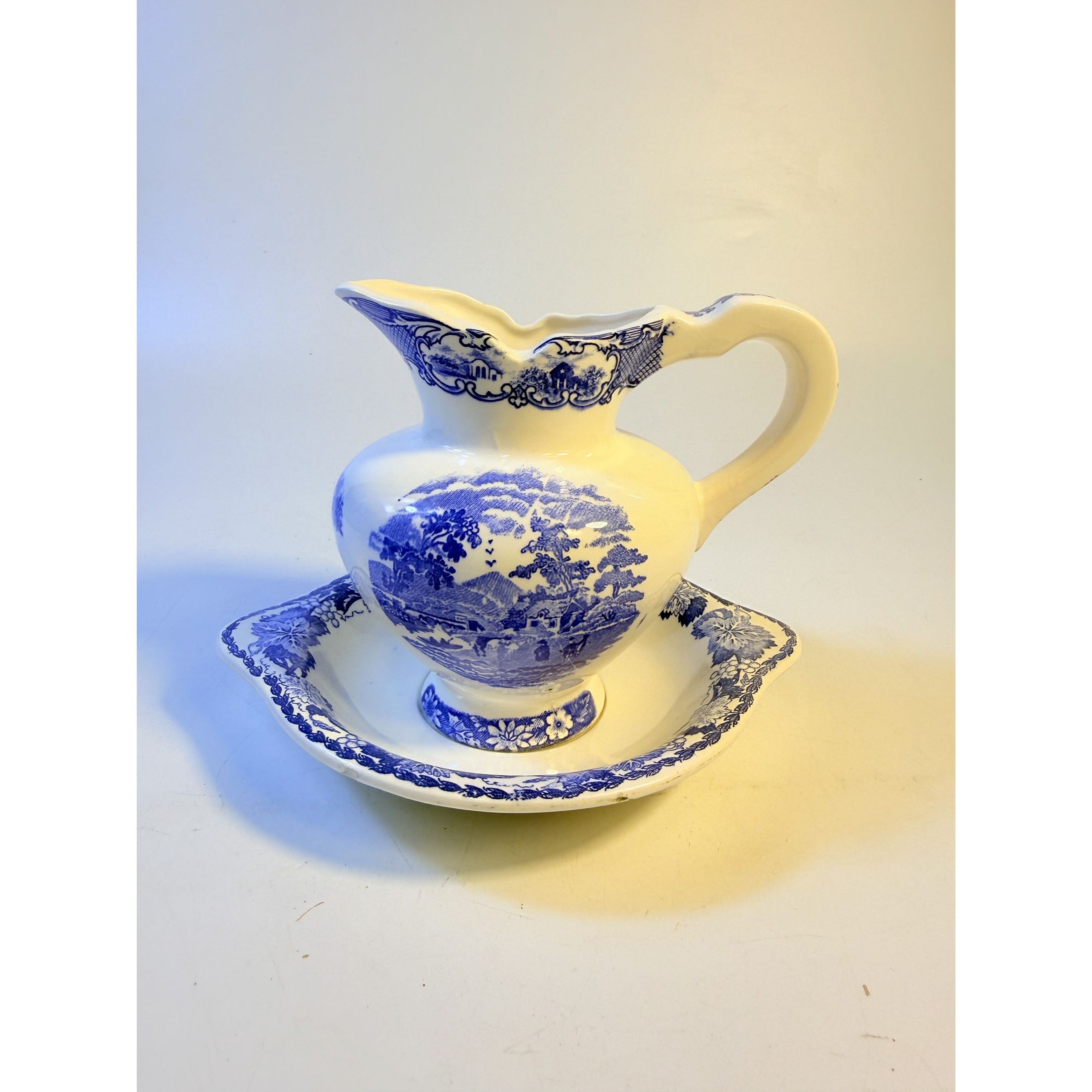 Flow Blue White Pitcher and Bowl Set Antique Wash Basin Transferware Jug Cottagecore Farmhouse Decor Staffordshire Style
