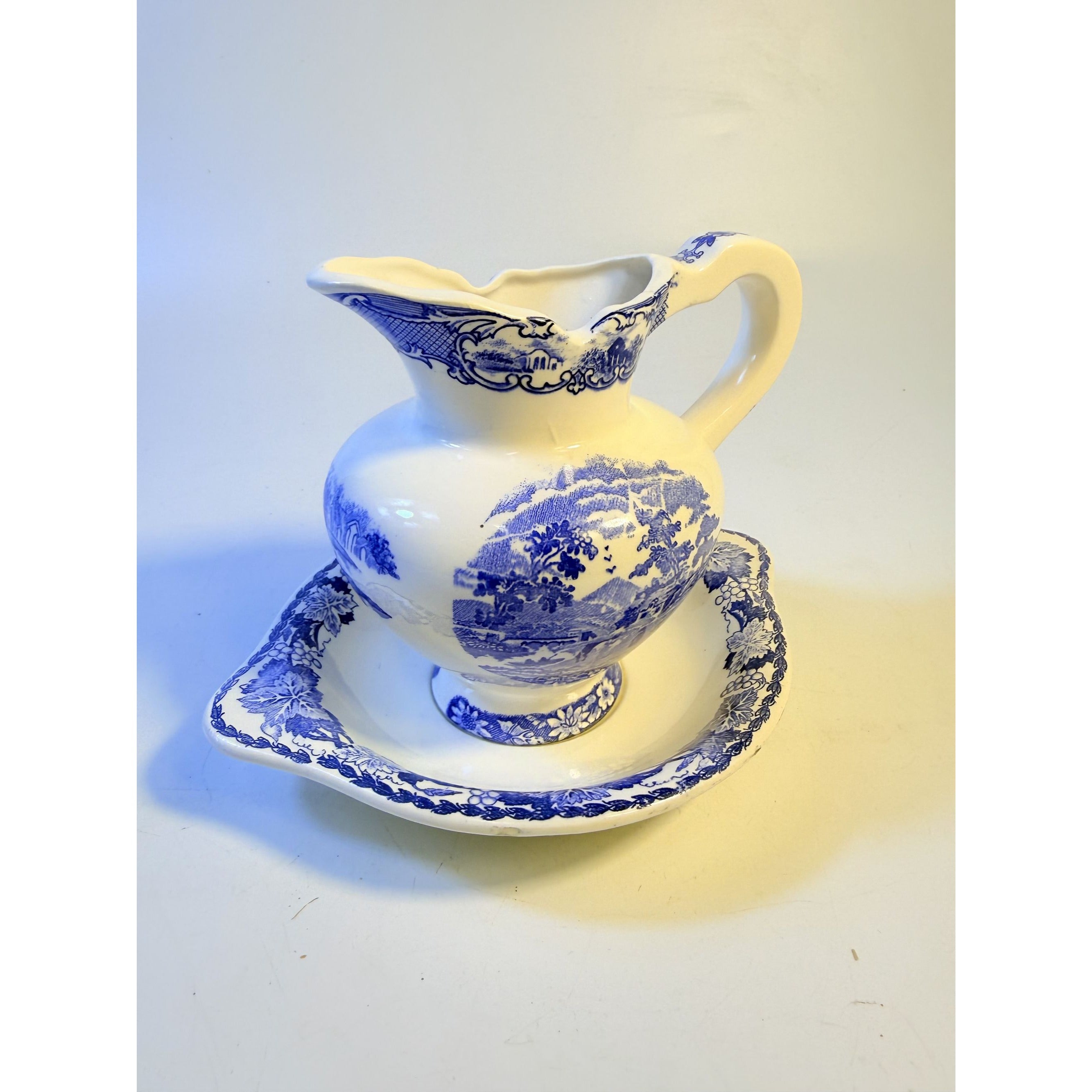 Flow Blue White Pitcher and Bowl Set Antique Wash Basin Transferware Jug Cottagecore Farmhouse Decor Staffordshire Style