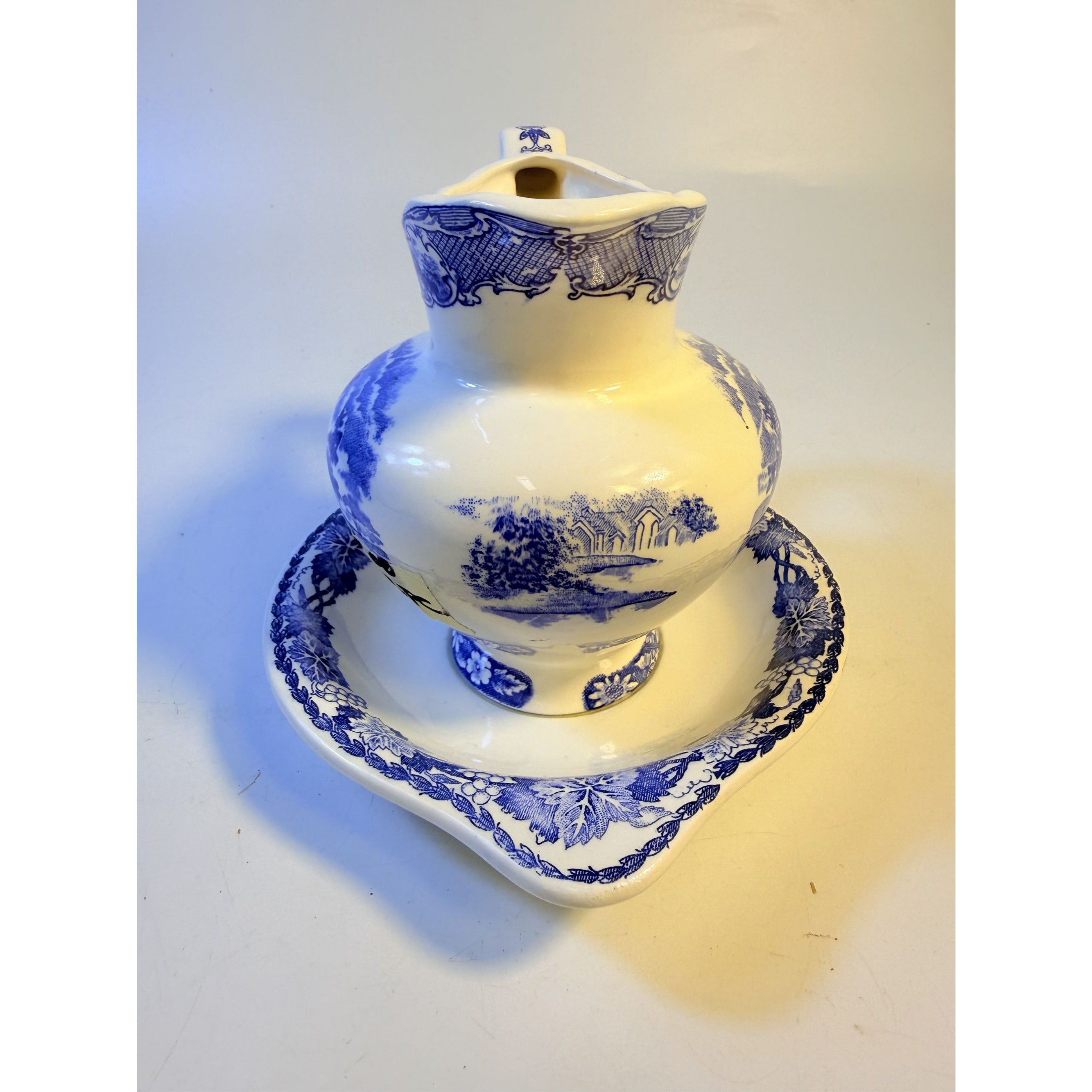 Flow Blue White Pitcher and Bowl Set Antique Wash Basin Transferware Jug Cottagecore Farmhouse Decor Staffordshire Style
