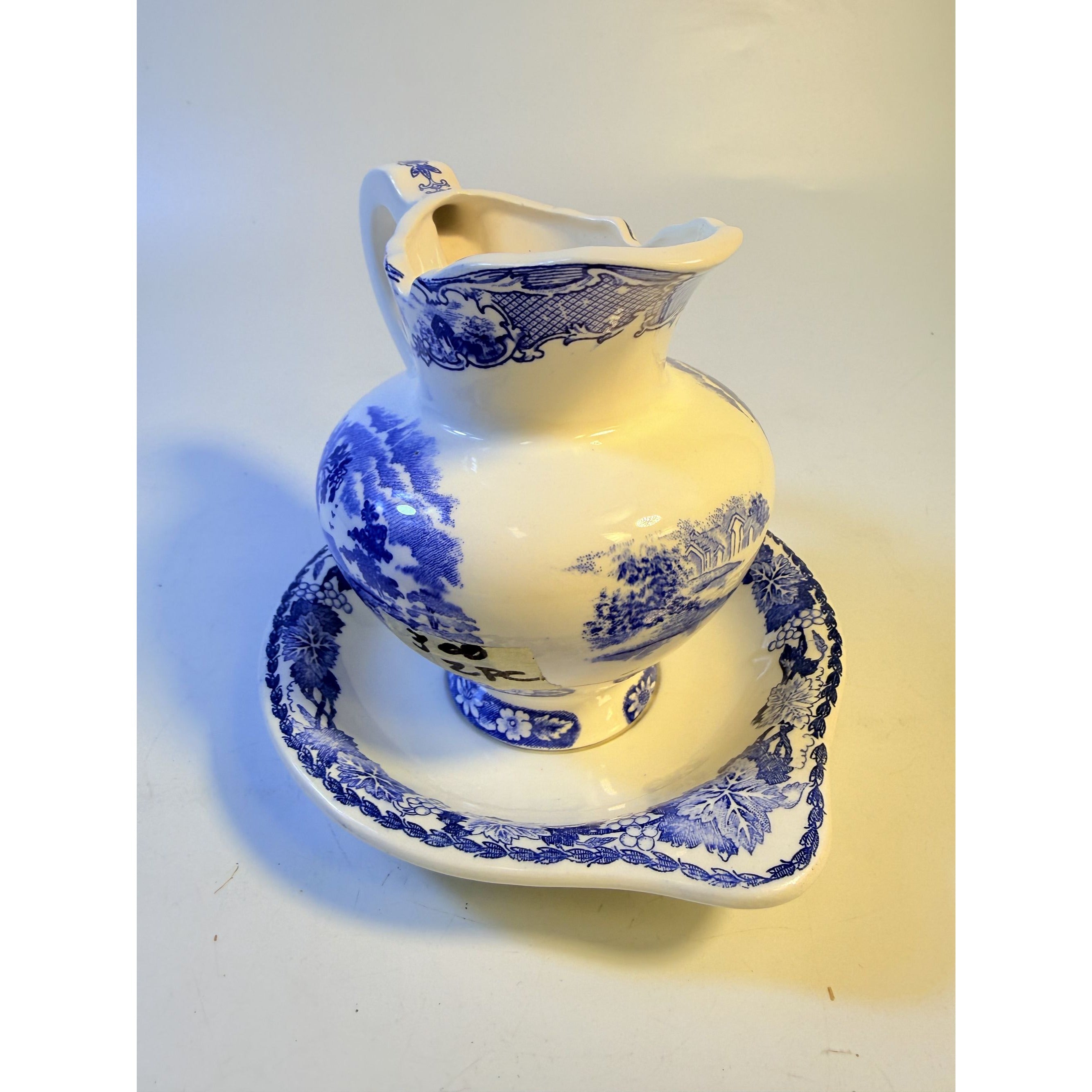 Flow Blue White Pitcher and Bowl Set Antique Wash Basin Transferware Jug Cottagecore Farmhouse Decor Staffordshire Style