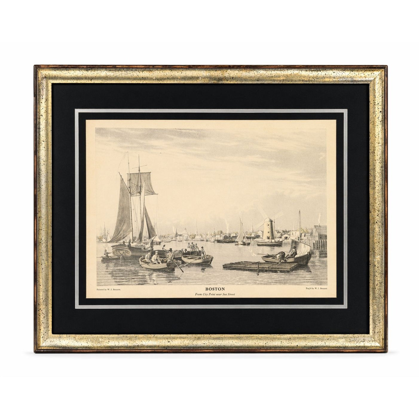 Framed Lithograph Print Boston From City Point Near Sea Street W J Bennett Matted Vintage Wall Home Decor Decorative Accents Harbor Painting