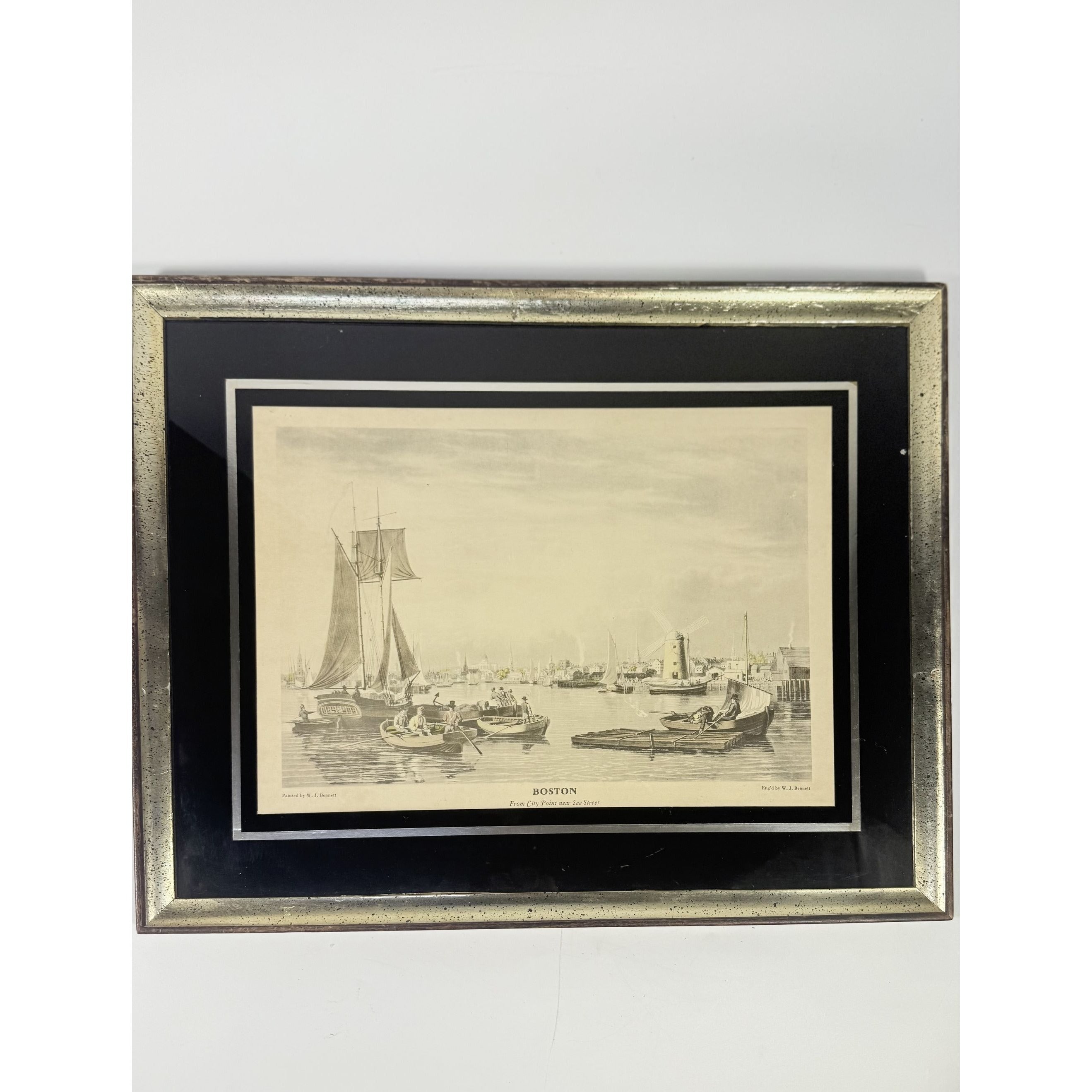 Framed Lithograph Print Boston From City Point Near Sea Street W J Bennett Matted Vintage Wall Home Decor Decorative Accents Harbor Painting