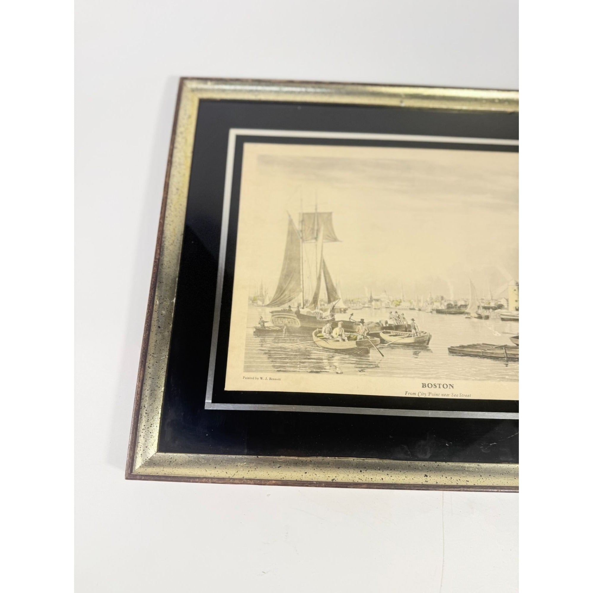 Framed Lithograph Print Boston From City Point Near Sea Street W J Bennett Matted Vintage Wall Home Decor Decorative Accents Harbor Painting