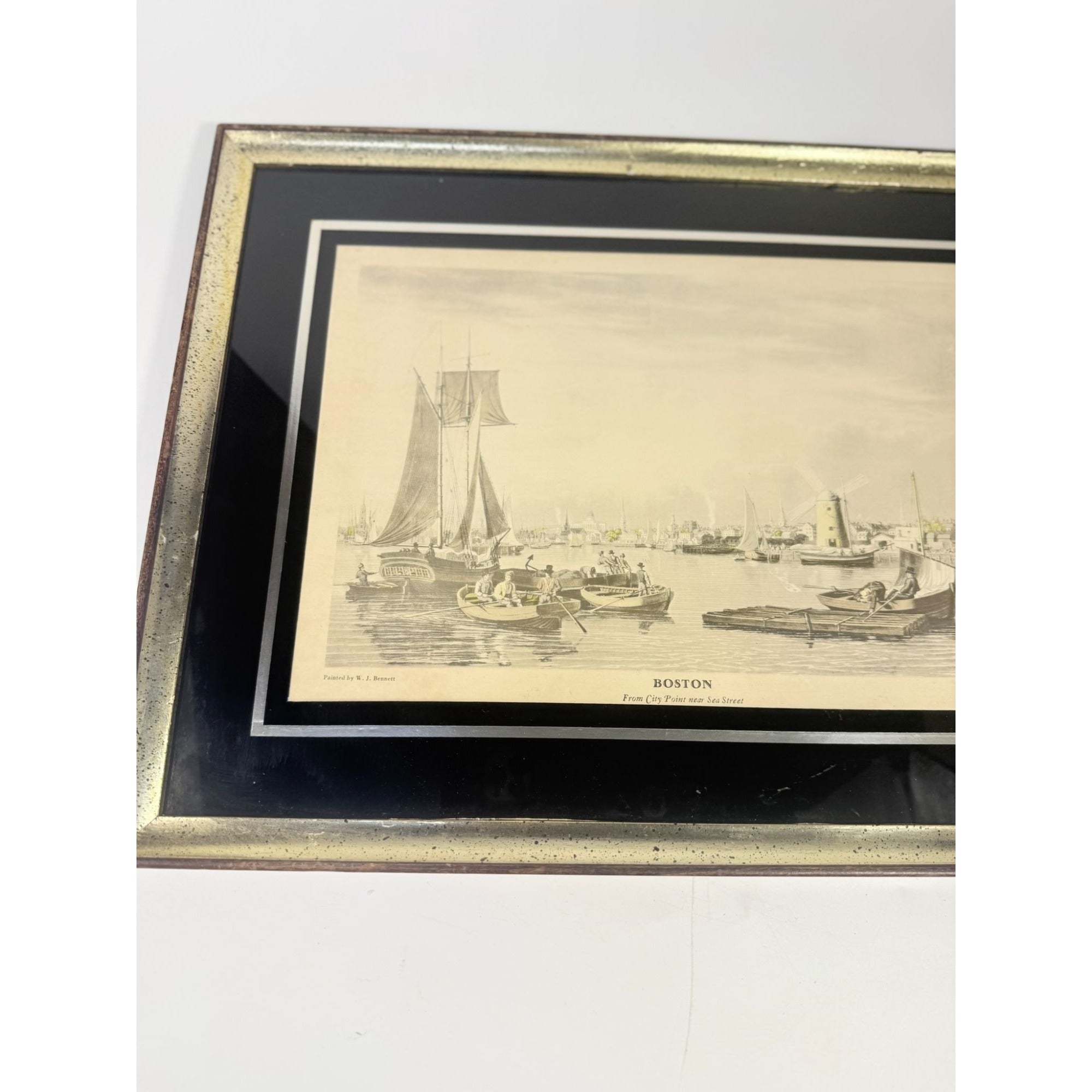 Framed Lithograph Print Boston From City Point Near Sea Street W J Bennett Matted Vintage Wall Home Decor Decorative Accents Harbor Painting