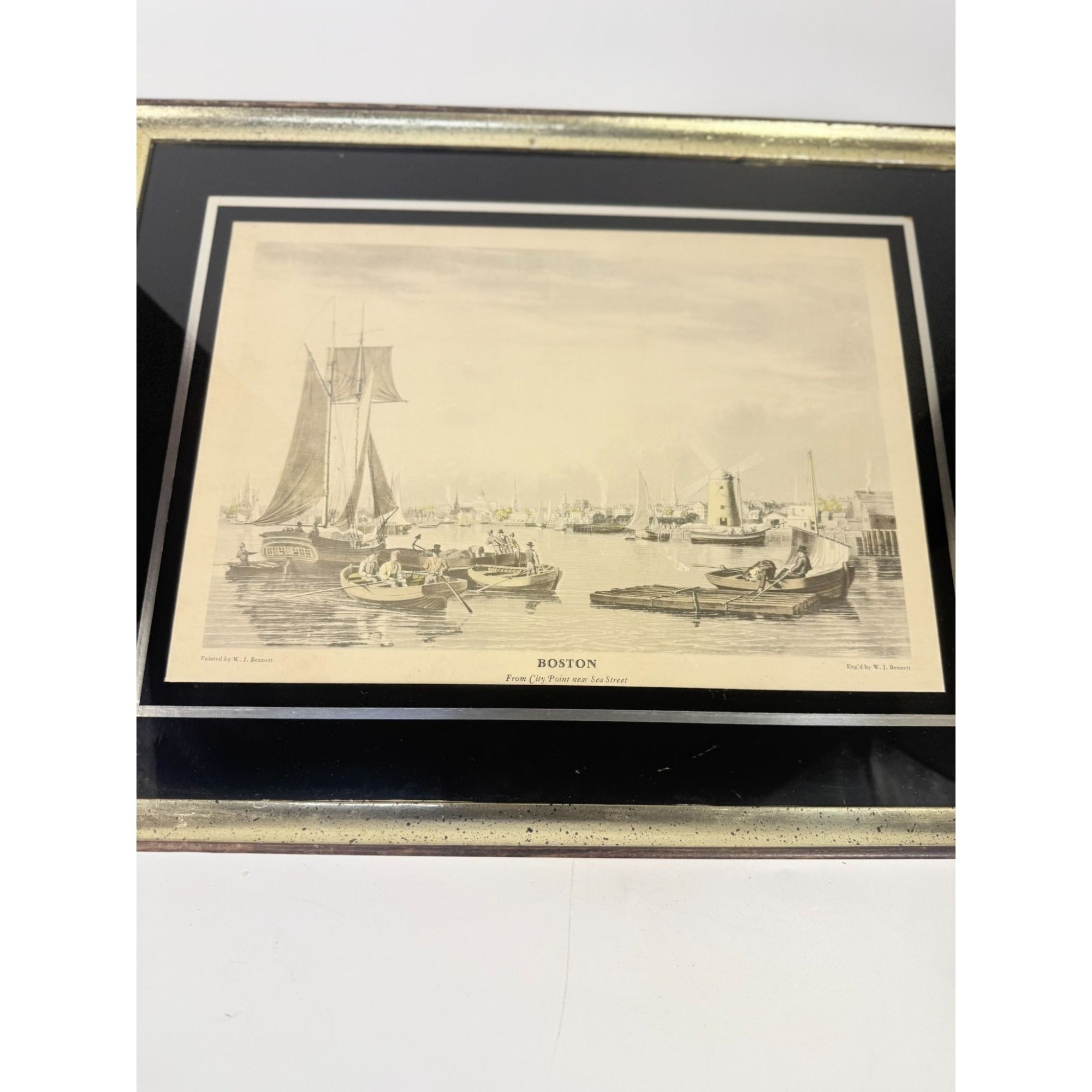 Framed Lithograph Print Boston From City Point Near Sea Street W J Bennett Matted Vintage Wall Home Decor Decorative Accents Harbor Painting