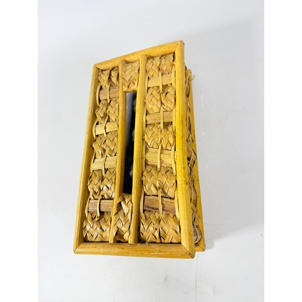 Woven Wicker Rattan Tissue Rectangle Box Cover Vintage Bathroom Decor