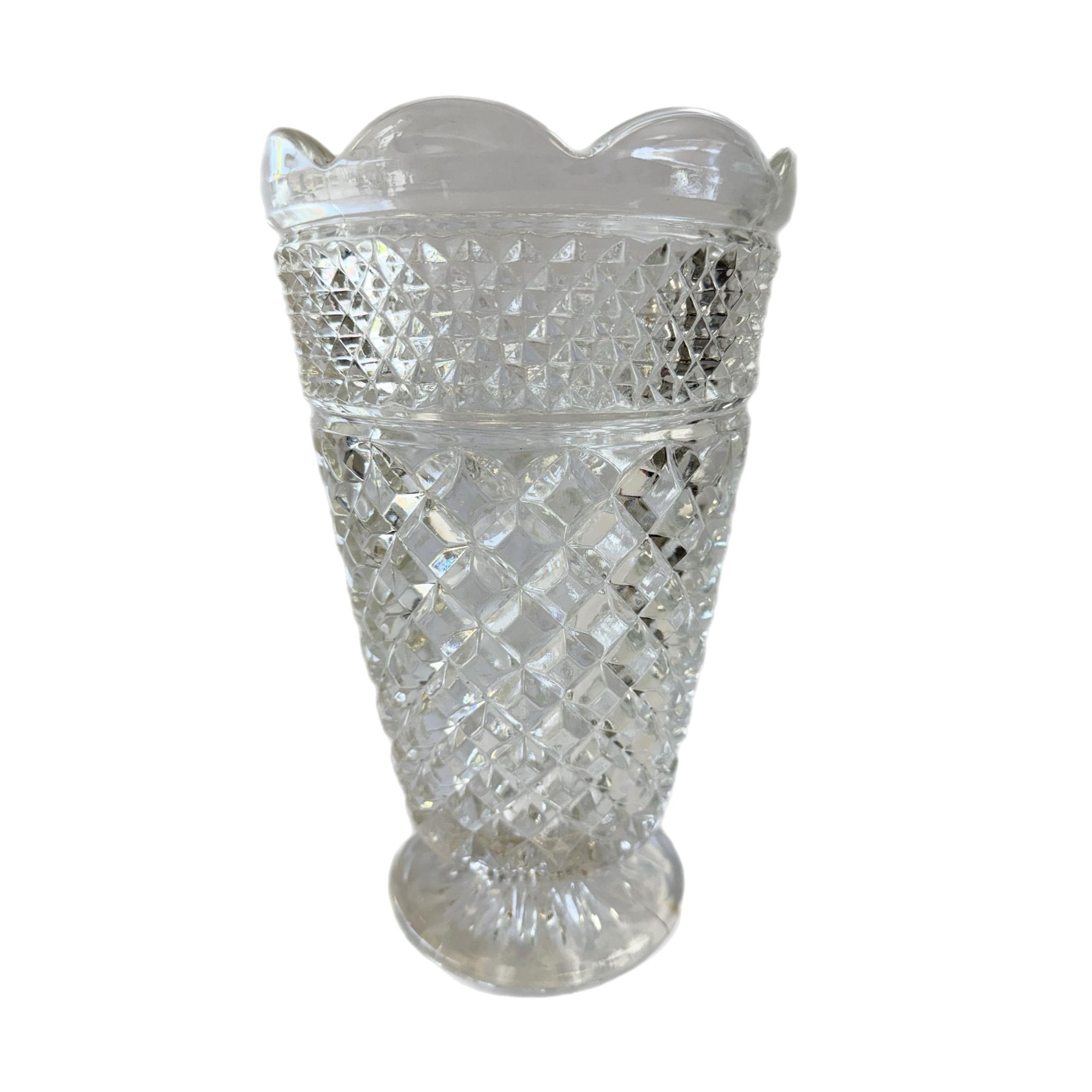 Flower Vase Footed Centerpiece Anchor Hocking Wexford Pressed Glass Diamond Point Vintage Glassware Scalloped Edge Lead Crystal Wedding