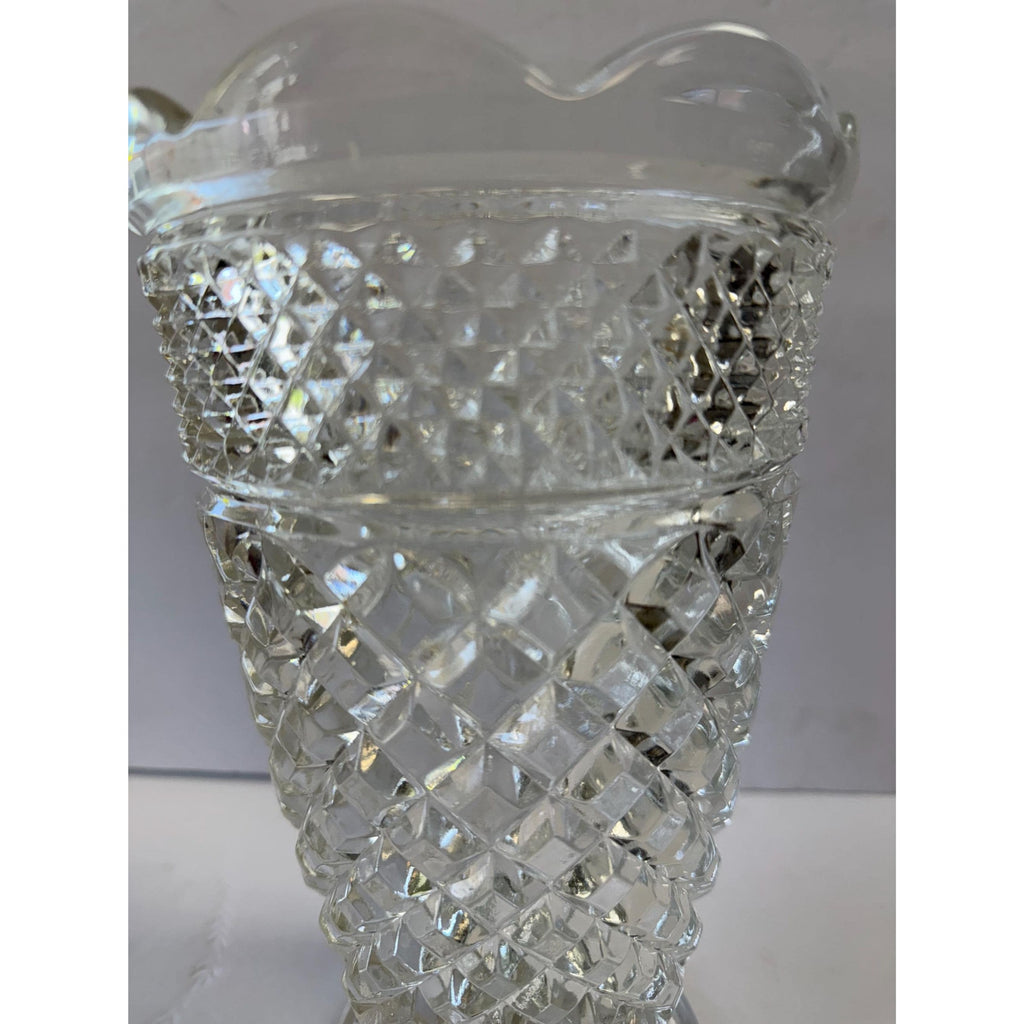 Flower Vase Footed Centerpiece Anchor Hocking Wexford Pressed Glass Diamond Point Vintage Glassware Scalloped Edge Lead Crystal Wedding