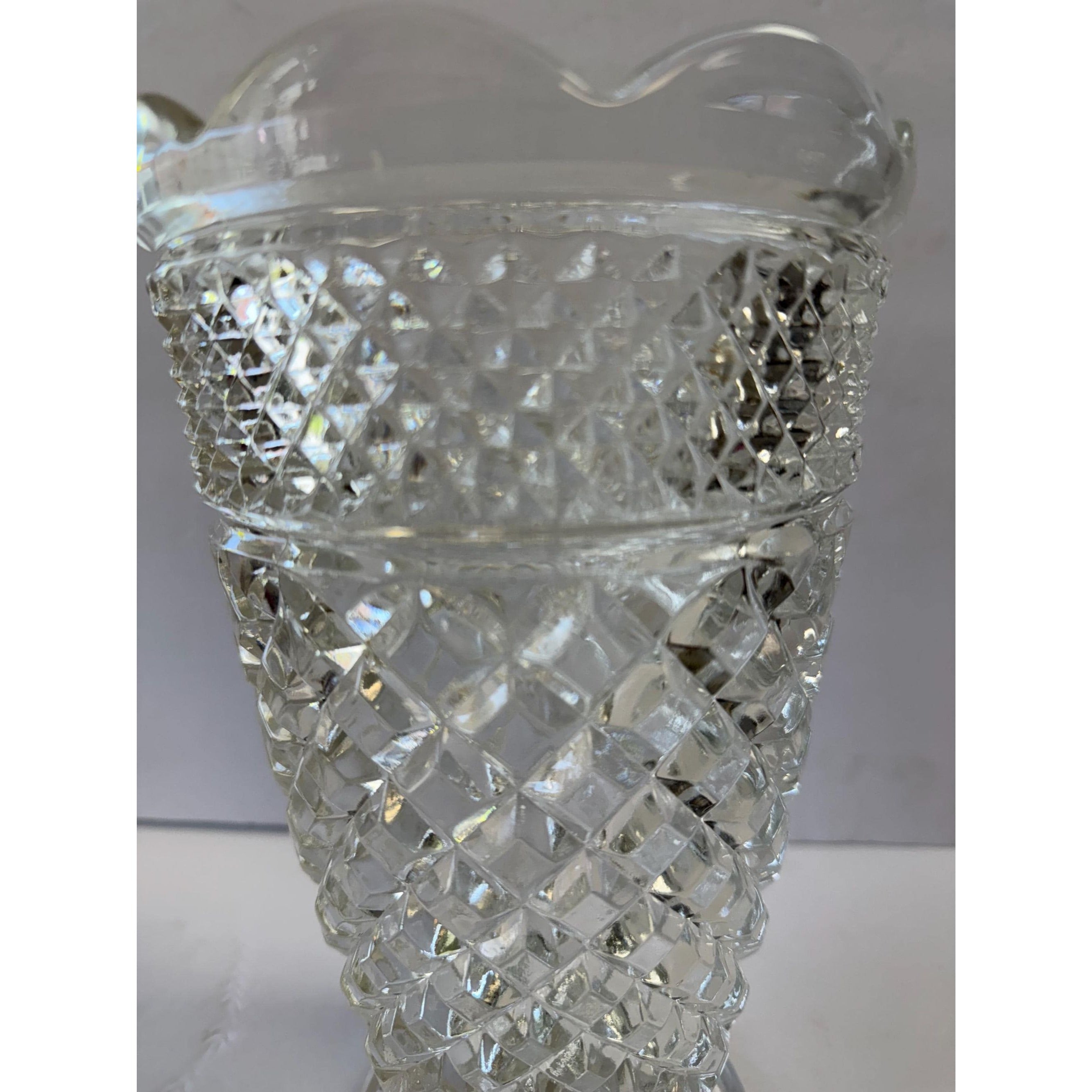 Flower Vase Footed Centerpiece Anchor Hocking Wexford Pressed Glass Diamond Point Vintage Glassware Scalloped Edge Lead Crystal Wedding