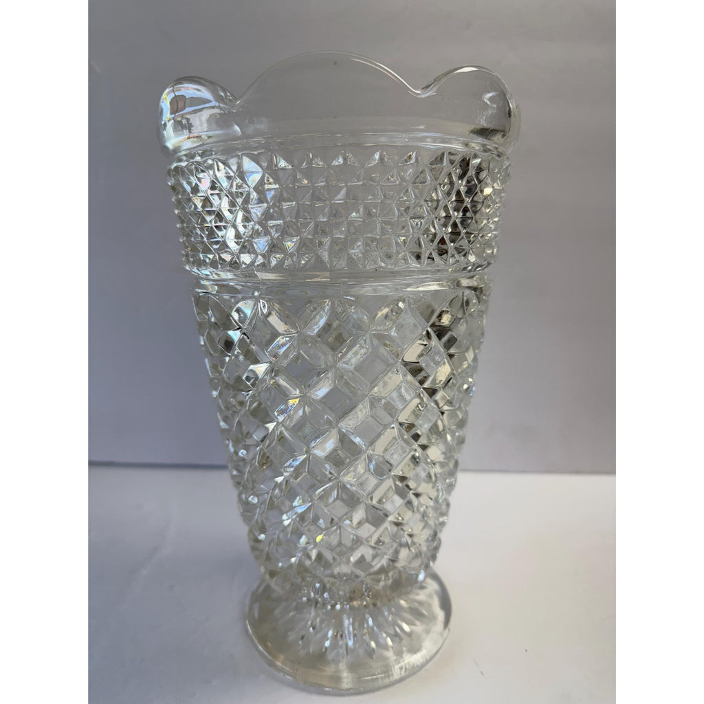 Flower Vase Footed Centerpiece Anchor Hocking Wexford Pressed Glass Diamond Point Vintage Glassware Scalloped Edge Lead Crystal Wedding