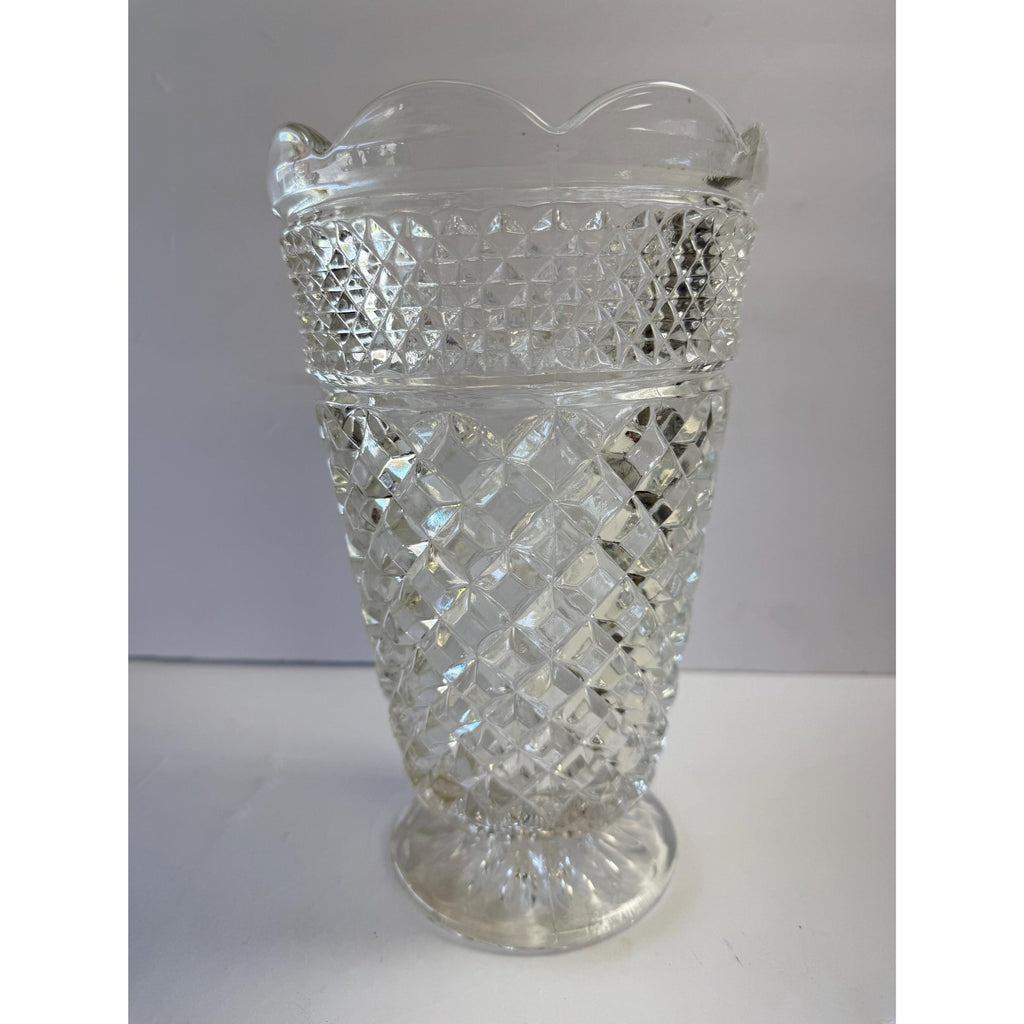 Flower Vase Footed Centerpiece Anchor Hocking Wexford Pressed Glass Diamond Point Vintage Glassware Scalloped Edge Lead Crystal Wedding