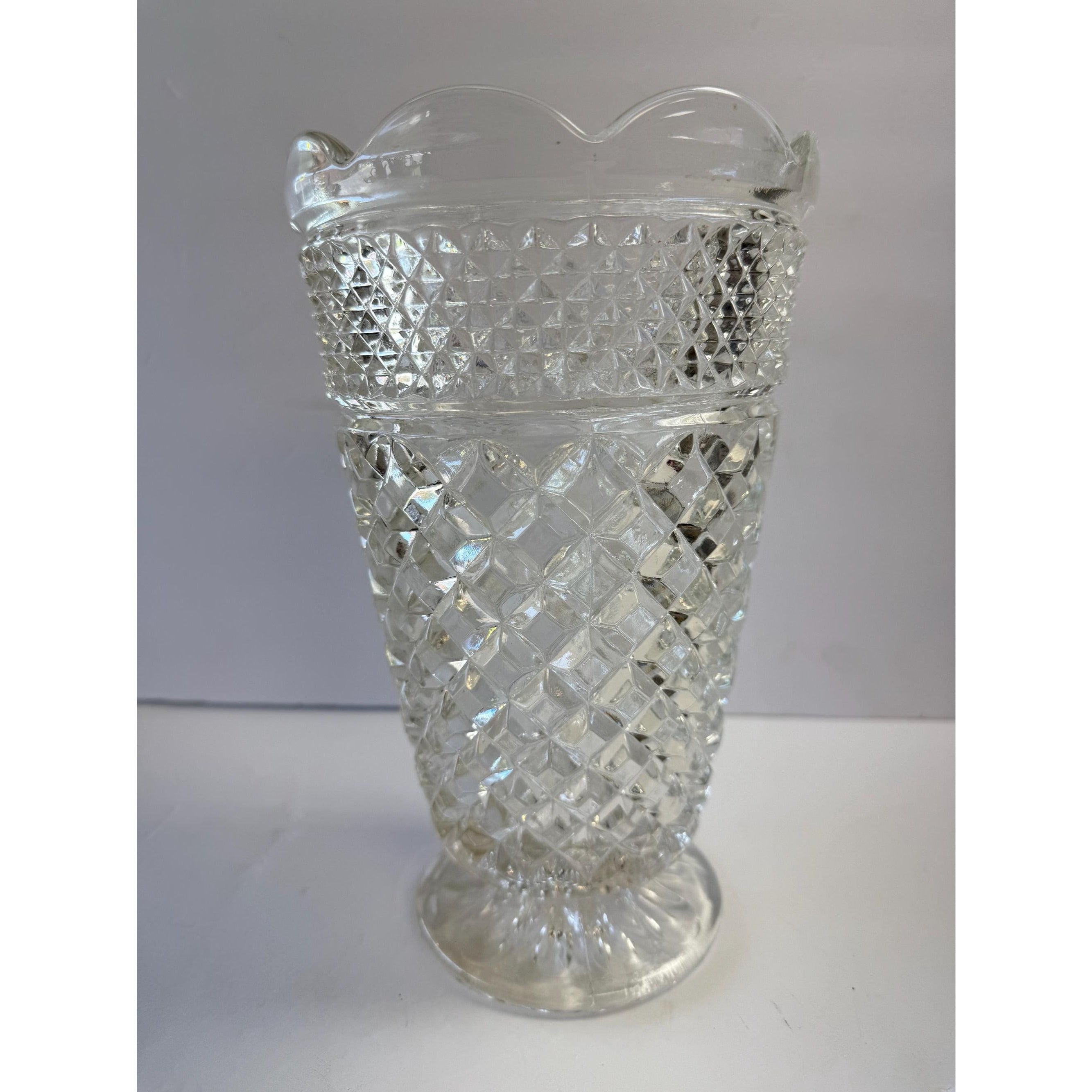 Flower Vase Footed Centerpiece Anchor Hocking Wexford Pressed Glass Diamond Point Vintage Glassware Scalloped Edge Lead Crystal Wedding