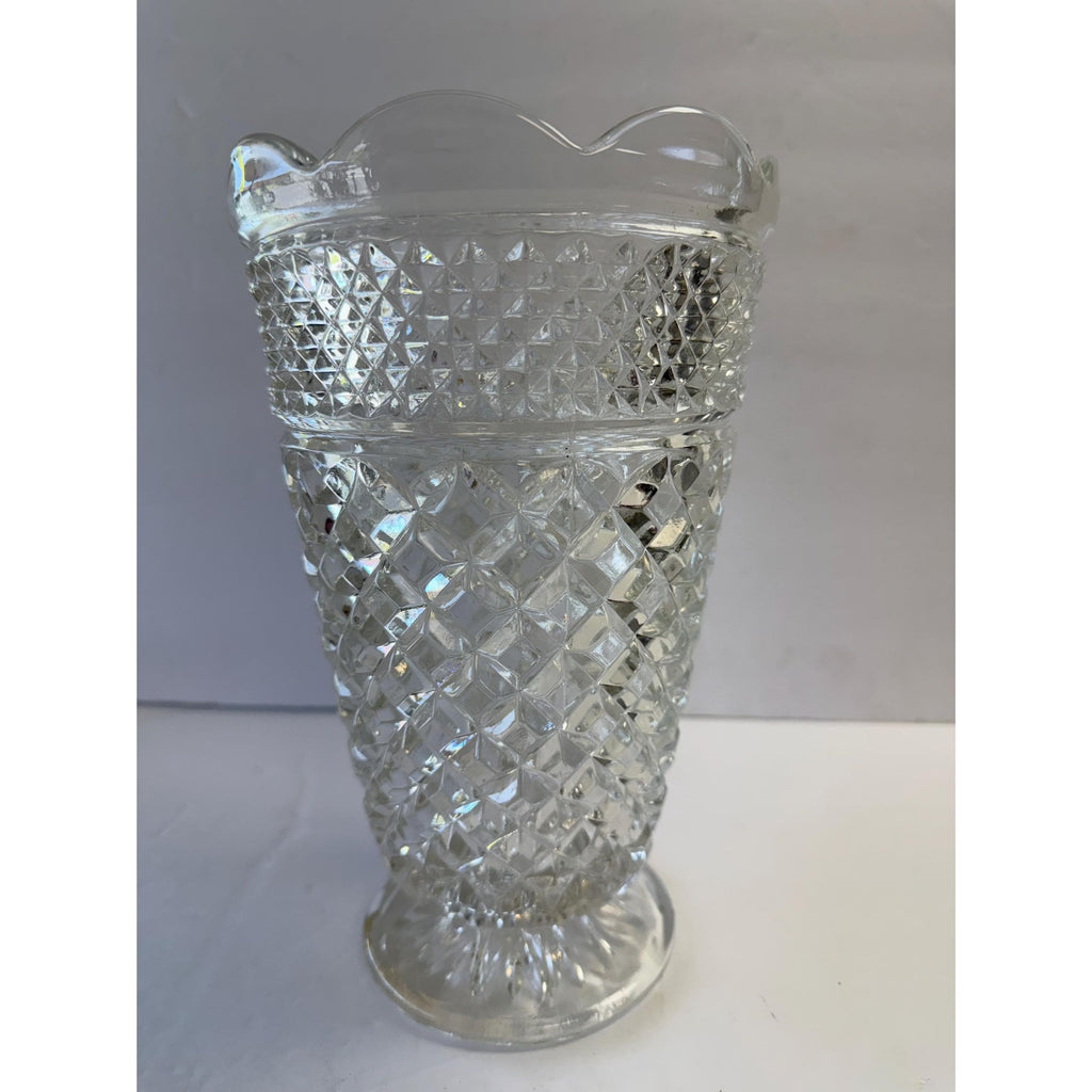 Flower Vase Footed Centerpiece Anchor Hocking Wexford Pressed Glass Diamond Point Vintage Glassware Scalloped Edge Lead Crystal Wedding