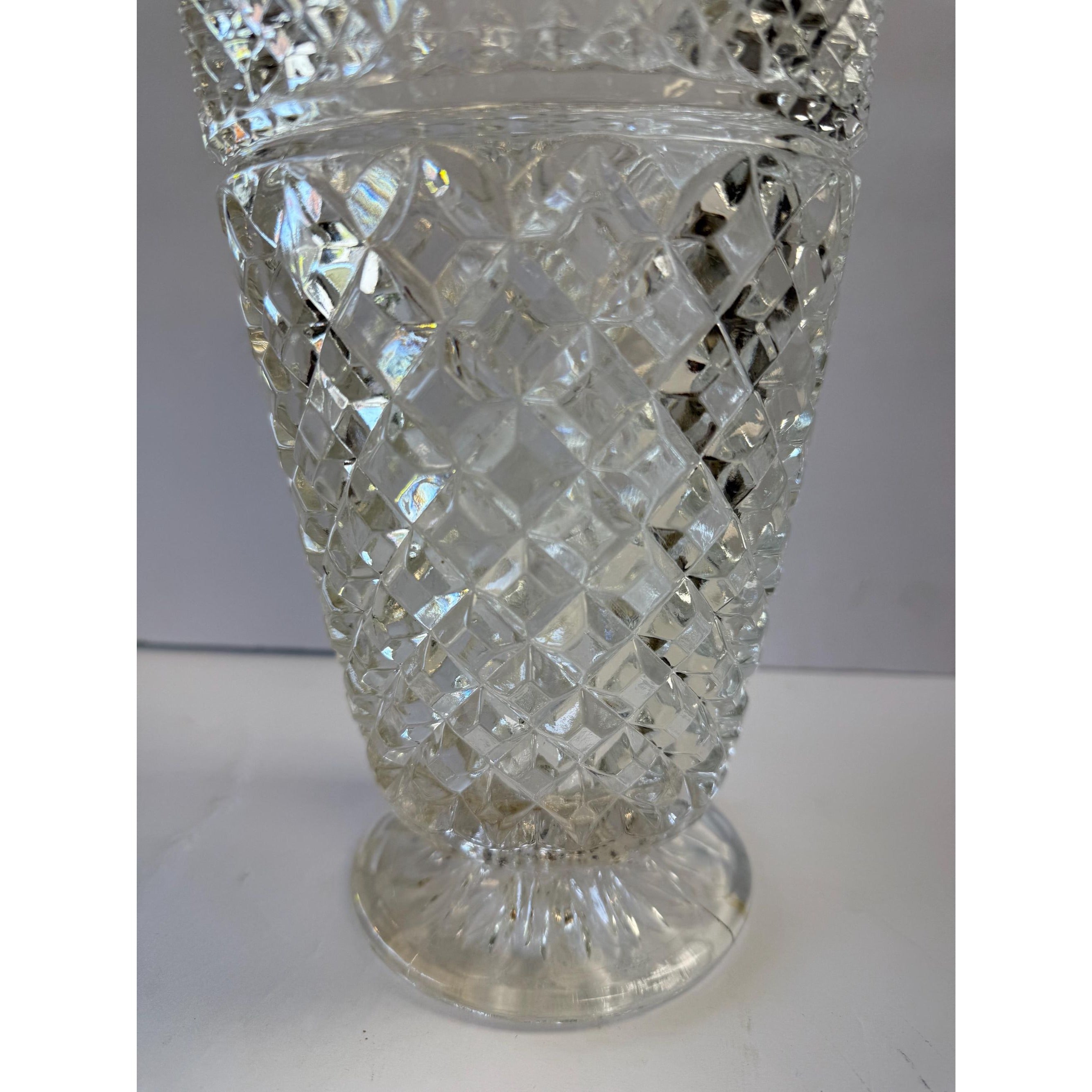 Flower Vase Footed Centerpiece Anchor Hocking Wexford Pressed Glass Diamond Point Vintage Glassware Scalloped Edge Lead Crystal Wedding
