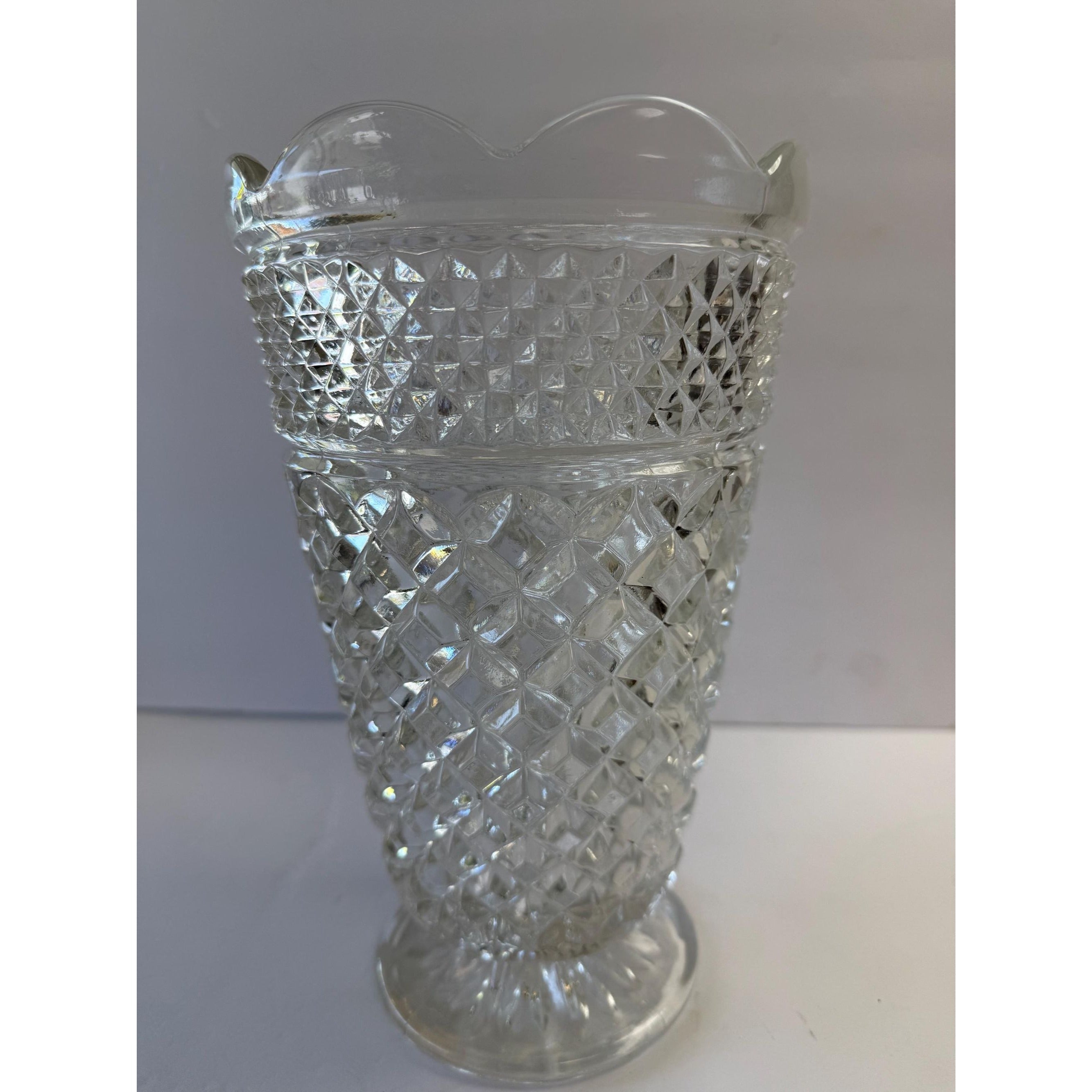 Flower Vase Footed Centerpiece Anchor Hocking Wexford Pressed Glass Diamond Point Vintage Glassware Scalloped Edge Lead Crystal Wedding