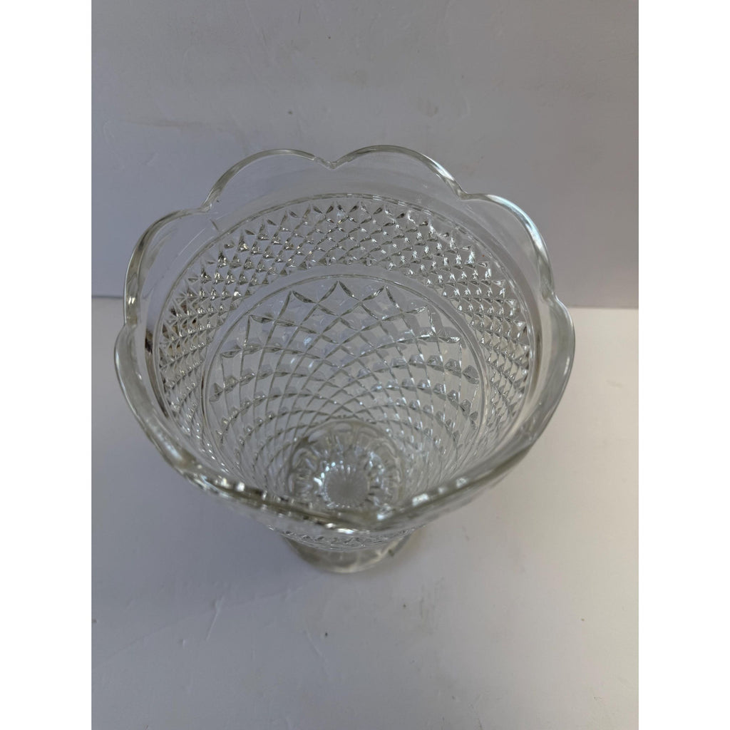 Flower Vase Footed Centerpiece Anchor Hocking Wexford Pressed Glass Diamond Point Vintage Glassware Scalloped Edge Lead Crystal Wedding
