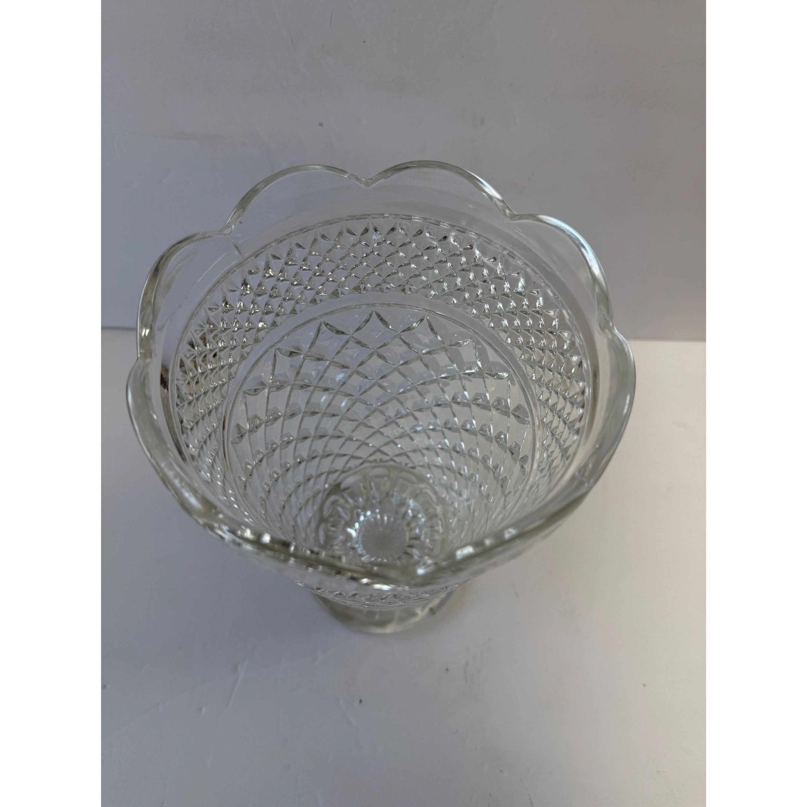 Flower Vase Footed Centerpiece Anchor Hocking Wexford Pressed Glass Diamond Point Vintage Glassware Scalloped Edge Lead Crystal Wedding