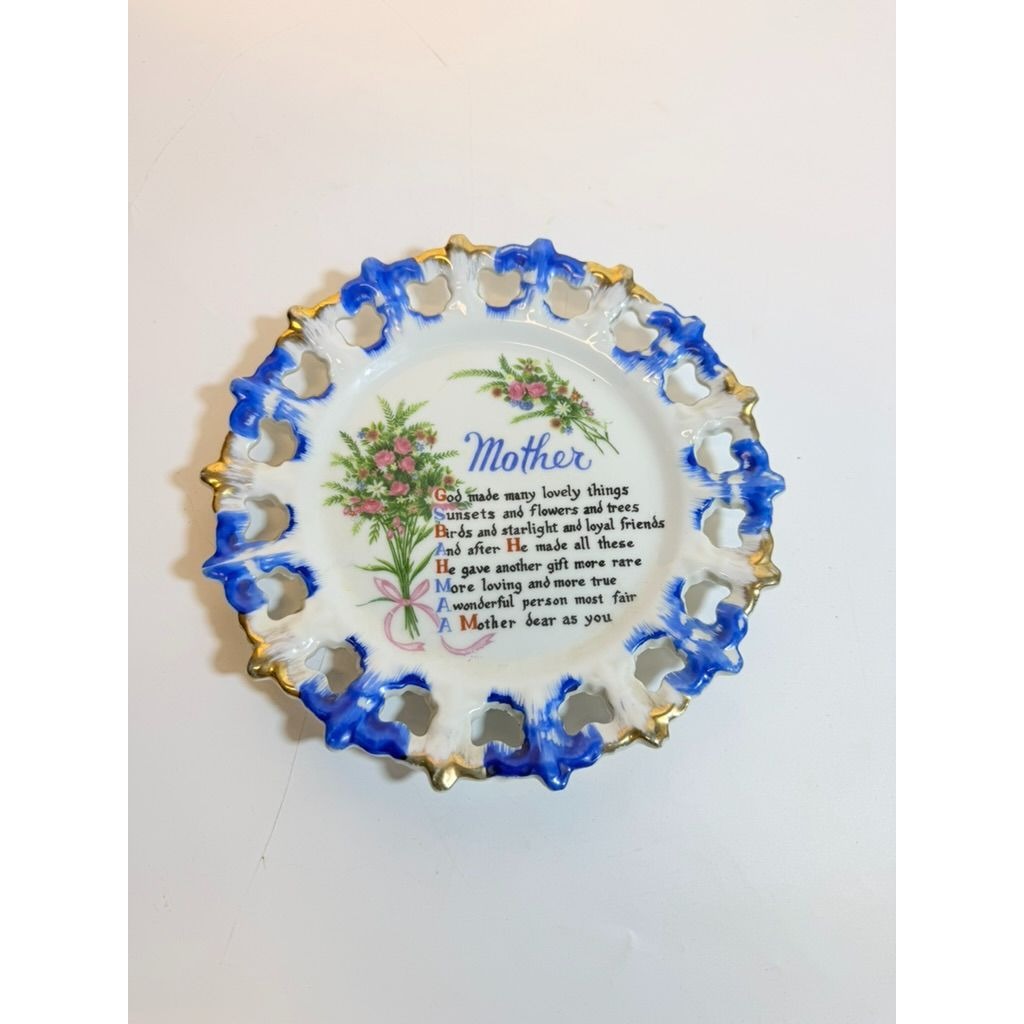Gallery Wall Plate Sentimental Mother Poem Porcelain Floral Scalloped Pierced Edge Vintage Hand Painted  Aquality Products Kitschy Gift