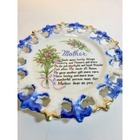 Gallery Wall Plate Sentimental Mother Poem Porcelain Floral Scalloped Pierced Edge Vintage Hand Painted  Aquality Products Kitschy Gift