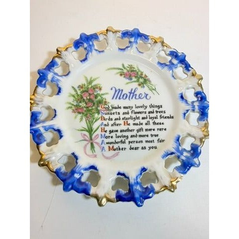 Gallery Wall Plate Sentimental Mother Poem Porcelain Floral Scalloped Pierced Edge Vintage Hand Painted  Aquality Products Kitschy Gift