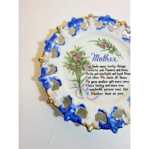 Gallery Wall Plate Sentimental Mother Poem Porcelain Floral Scalloped Pierced Edge Vintage Hand Painted  Aquality Products Kitschy Gift
