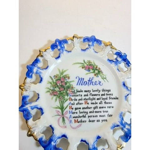 Gallery Wall Plate Sentimental Mother Poem Porcelain Floral Scalloped Pierced Edge Vintage Hand Painted  Aquality Products Kitschy Gift