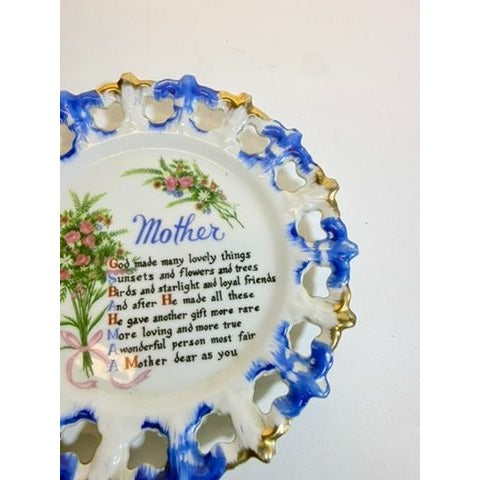 Gallery Wall Plate Sentimental Mother Poem Porcelain Floral Scalloped Pierced Edge Vintage Hand Painted  Aquality Products Kitschy Gift