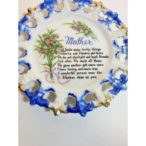 Gallery Wall Plate Sentimental Mother Poem Porcelain Floral Scalloped Pierced Edge Vintage Hand Painted  Aquality Products Kitschy Gift